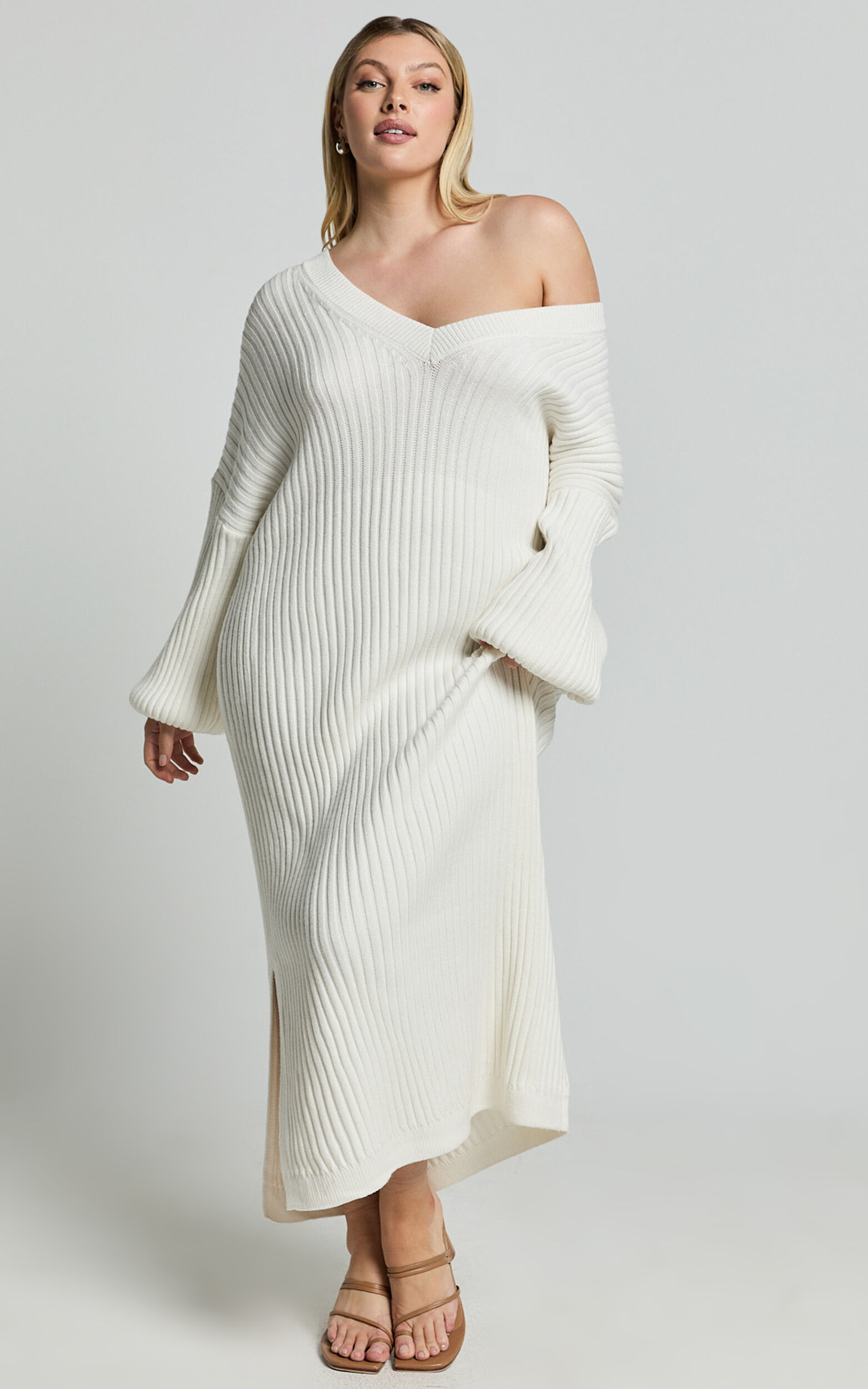 Kartia Midi Dress - V Neck Knit Dress in Off White