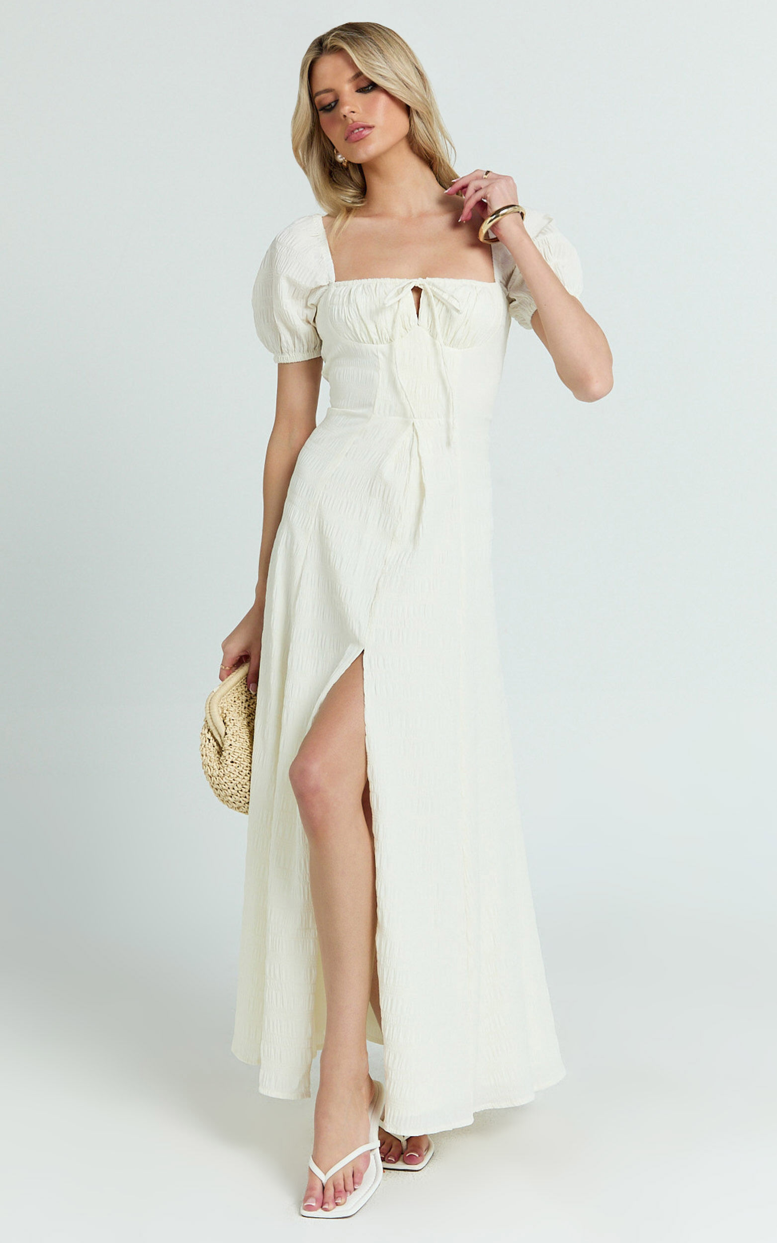 Joanne Maxi Dress - Ruched Bust Front Split Dress in Off White