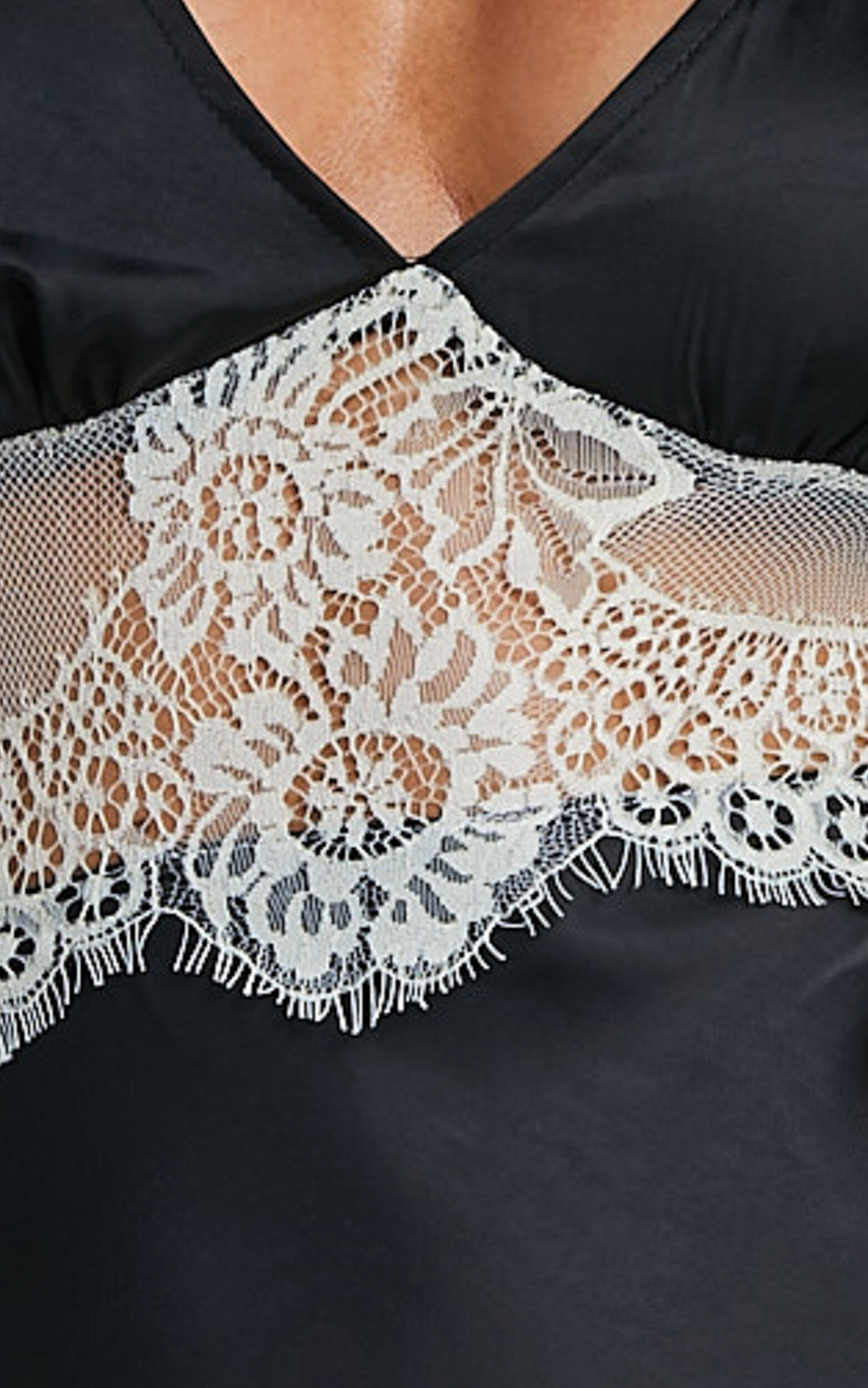 Juliet Midi Dress - V Neck Lace Insert Satin Slip Dress in Black/Beige