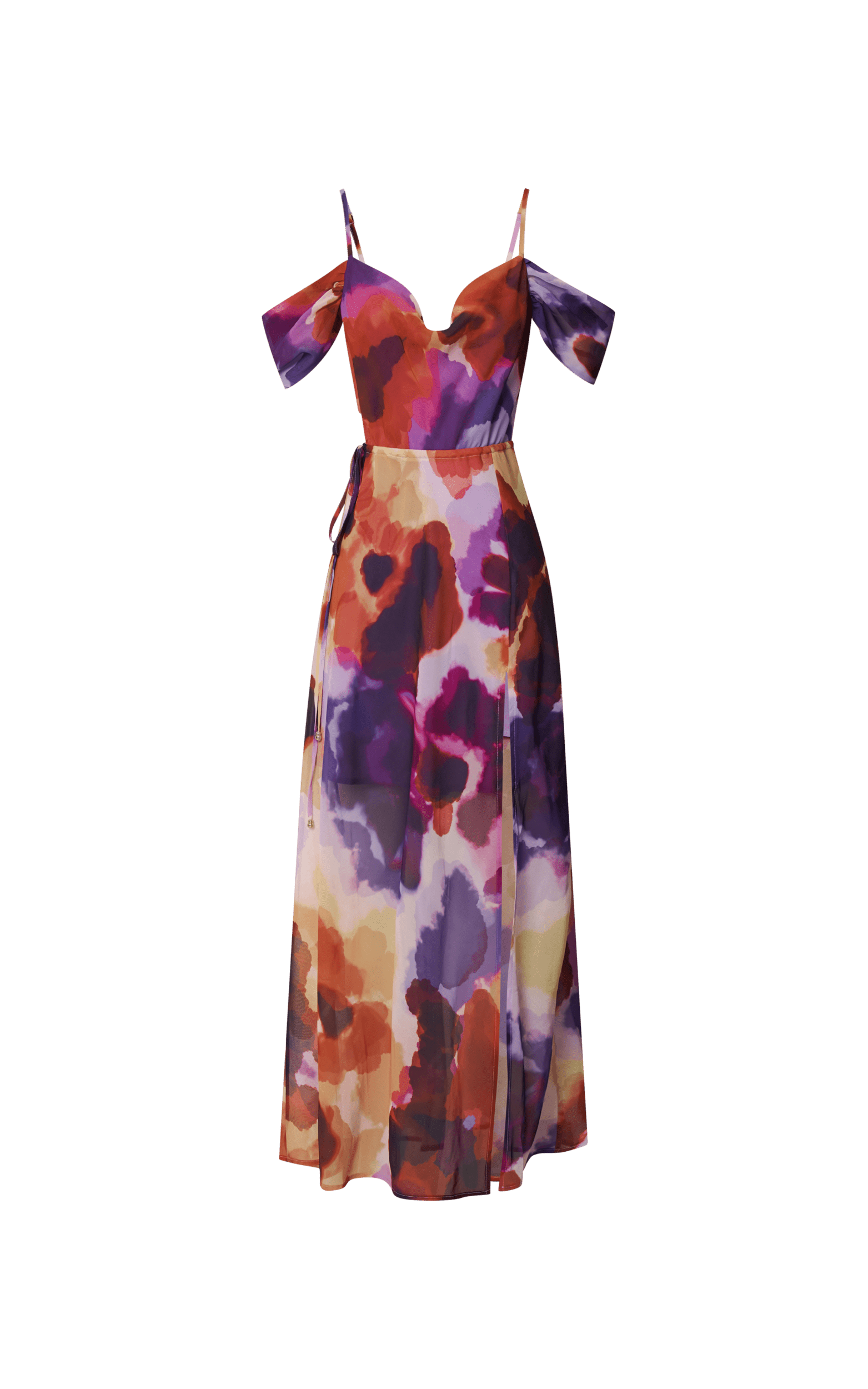 Keira Midi Dress - Draped Off the Shoulder Dress in Watercolour Floral