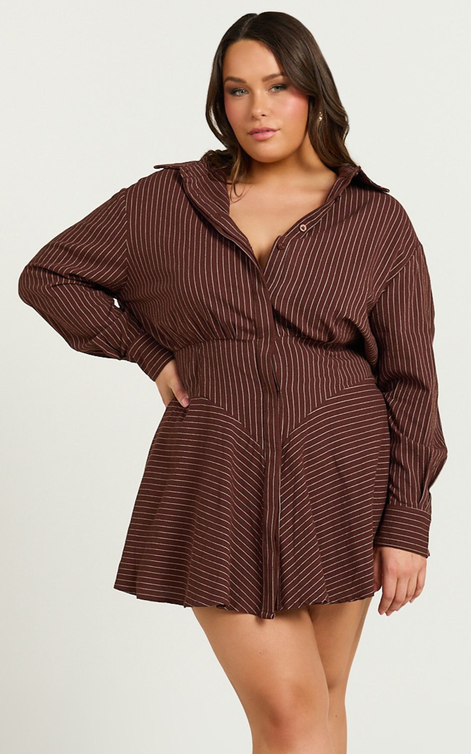 Whitney Mini Dress - Linen Long Sleeve Shirt Dress in Chocolate Pinstripe