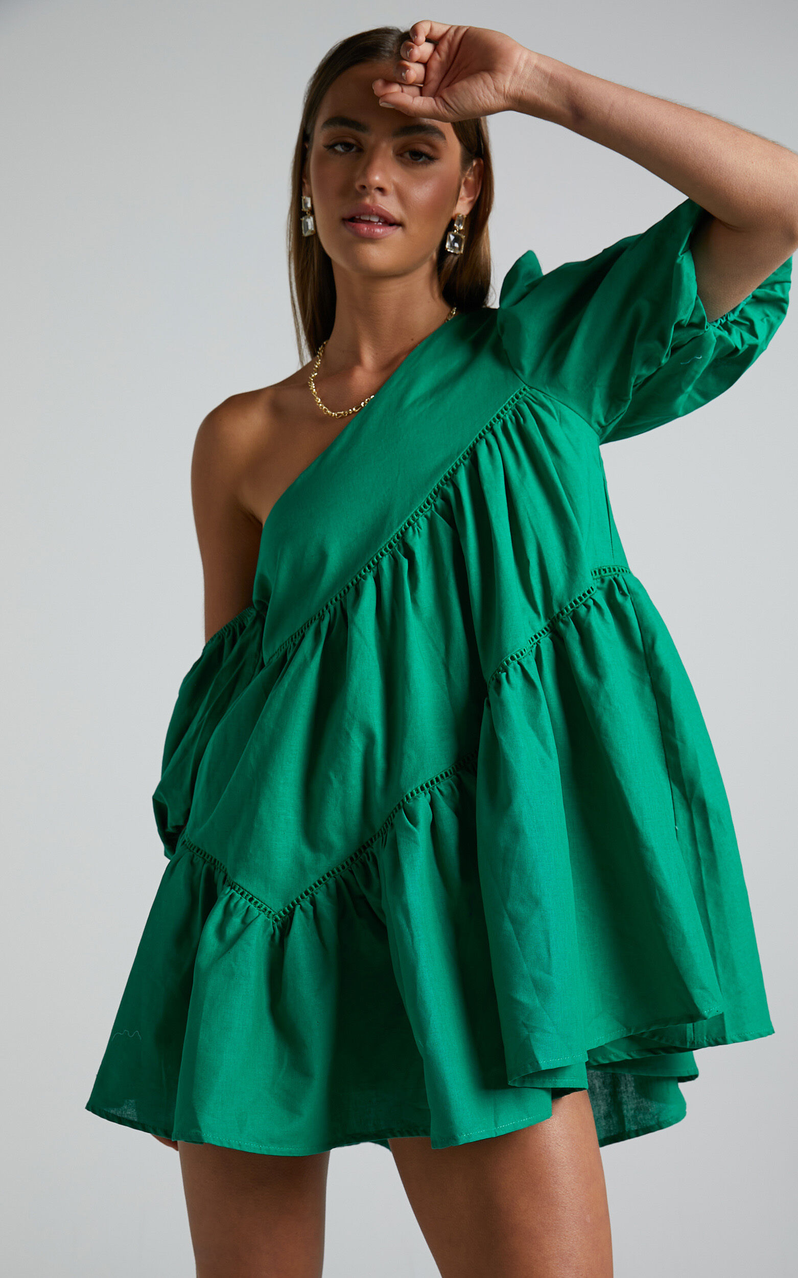 Harleen Mini Dress - Linen Asymmetrical Trim Puff Sleeve Dress in Green