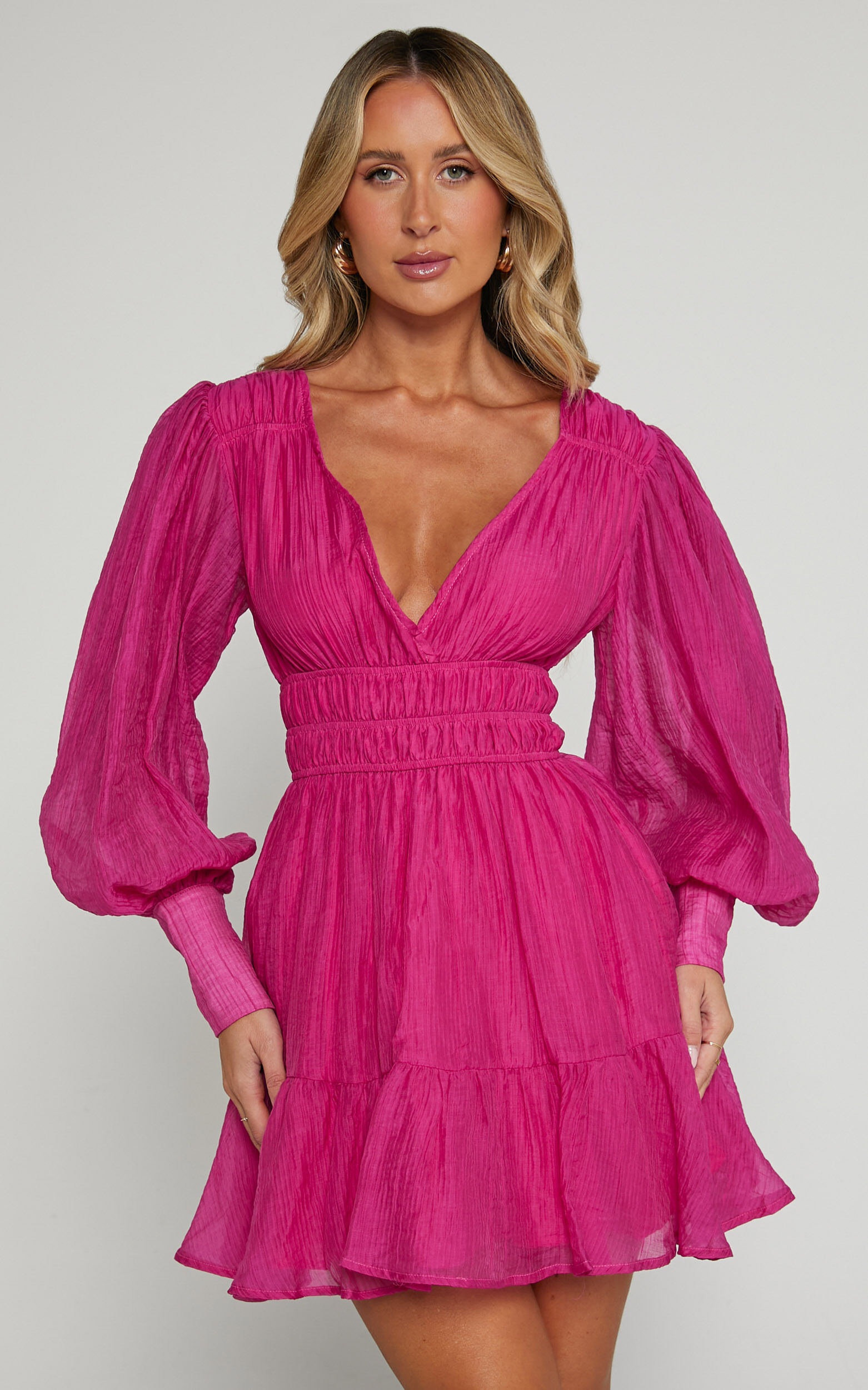 Phillipa Mini Dress - V Neck Dress in Hot Pink