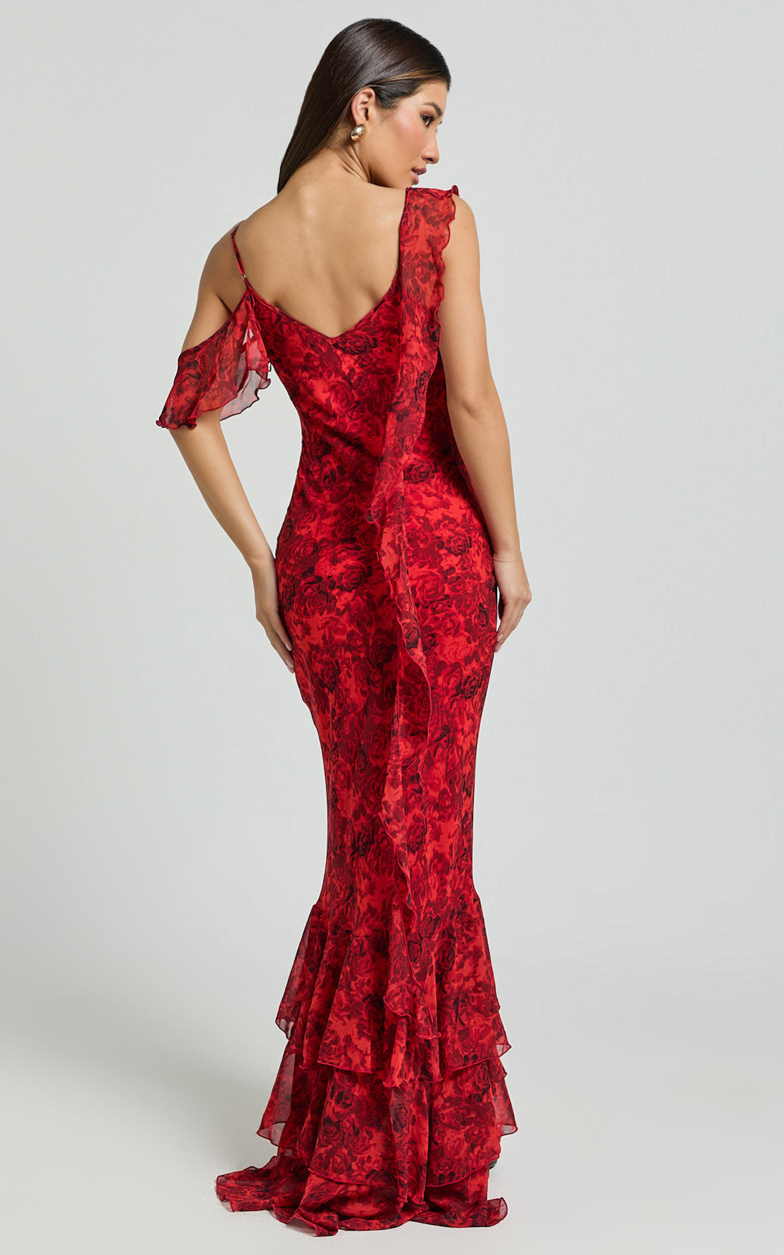 Riley Maxi Dress - Asymmetric Ruffle Detail Maxi Dress in Red Rose Print
