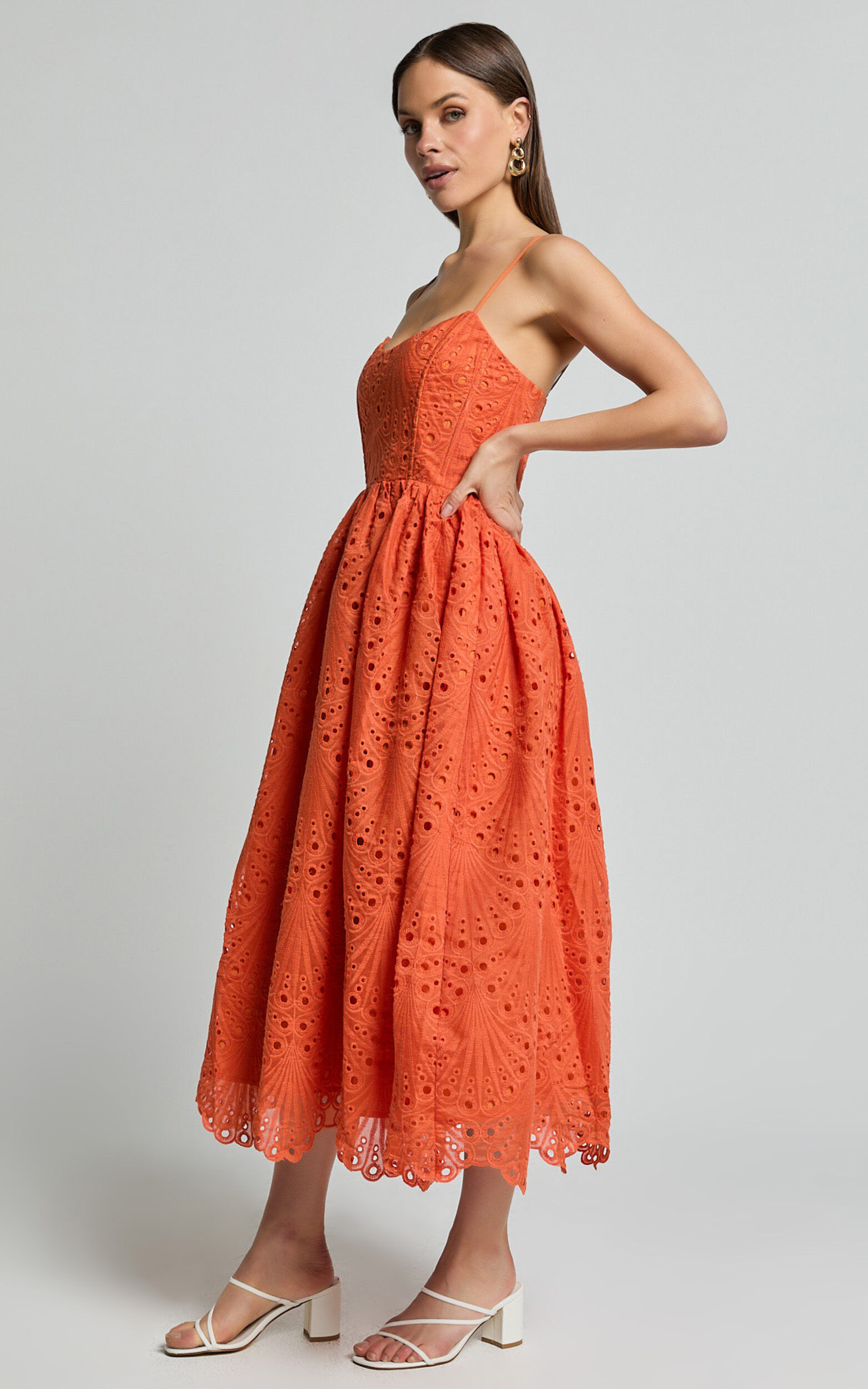 Gabriella Midi Dress - Strappy Gathered Skirt Embroidered Dress in Orange