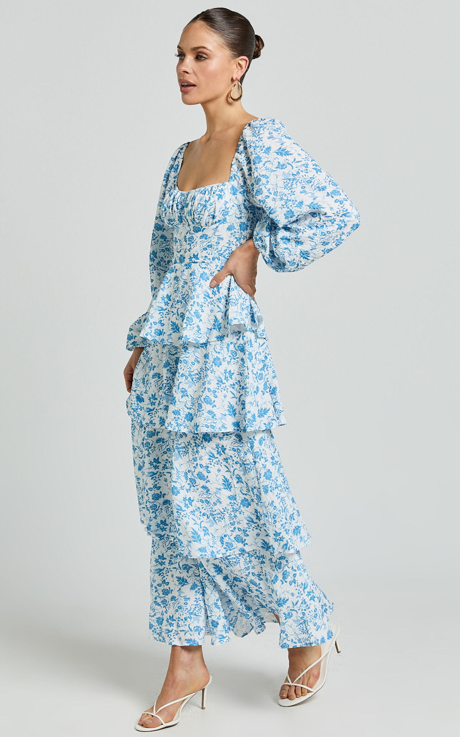 Wendy Midi Dress - Sweetheart Long Sleeve Layered Dress in Blue Floral