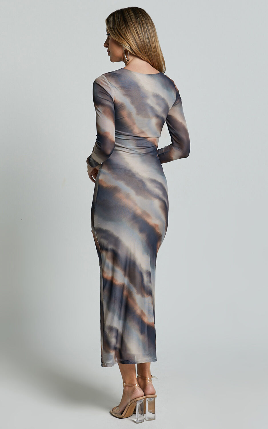 Zyra Midi Dress - High Neck Long Sleeve Mesh Dress in Tie Dye Print