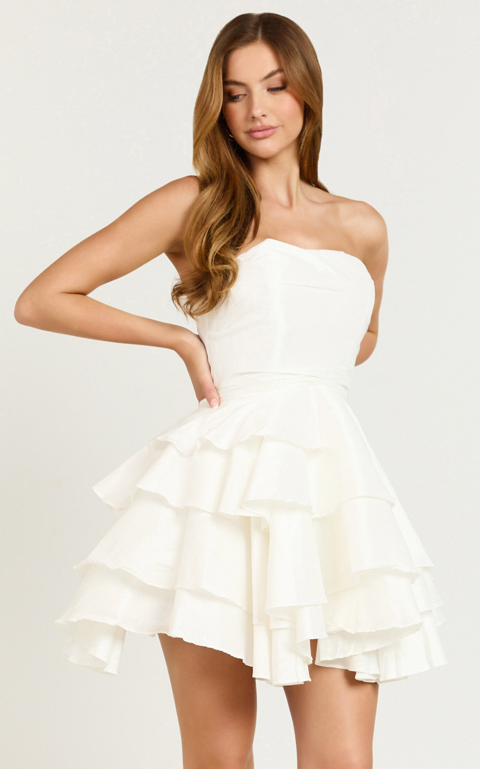 Allisyn Mini Dress - Strapless Tiered Flare Dress in White