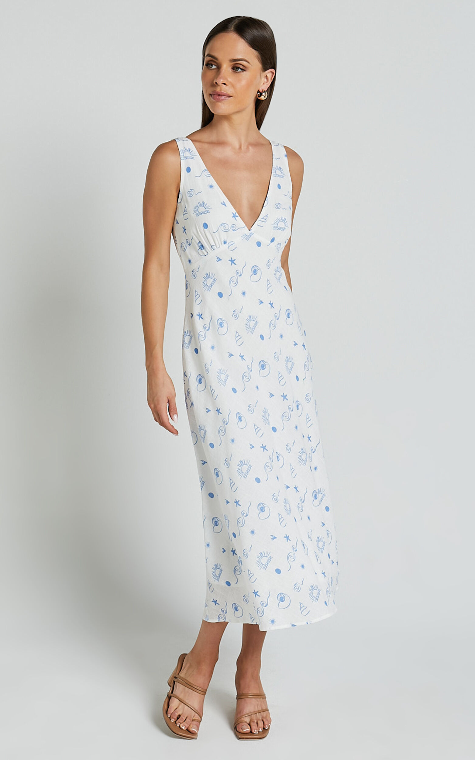 Becca Midi Dress - Ruched Bust Sleeveless V Neck Dress in Blue Print