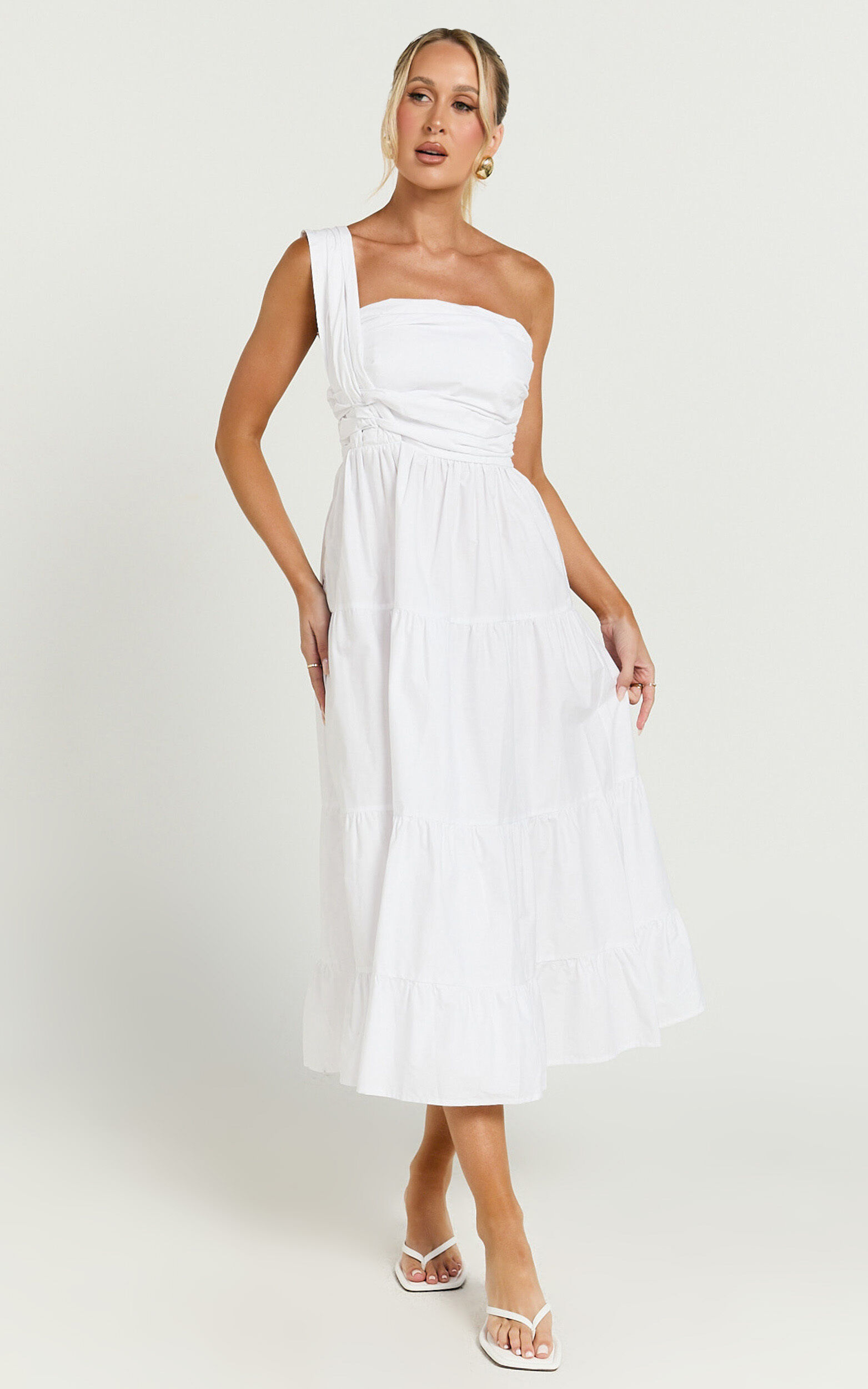 Stephanie Midi Dress - One Shoulder Tiered Midi Dress in White