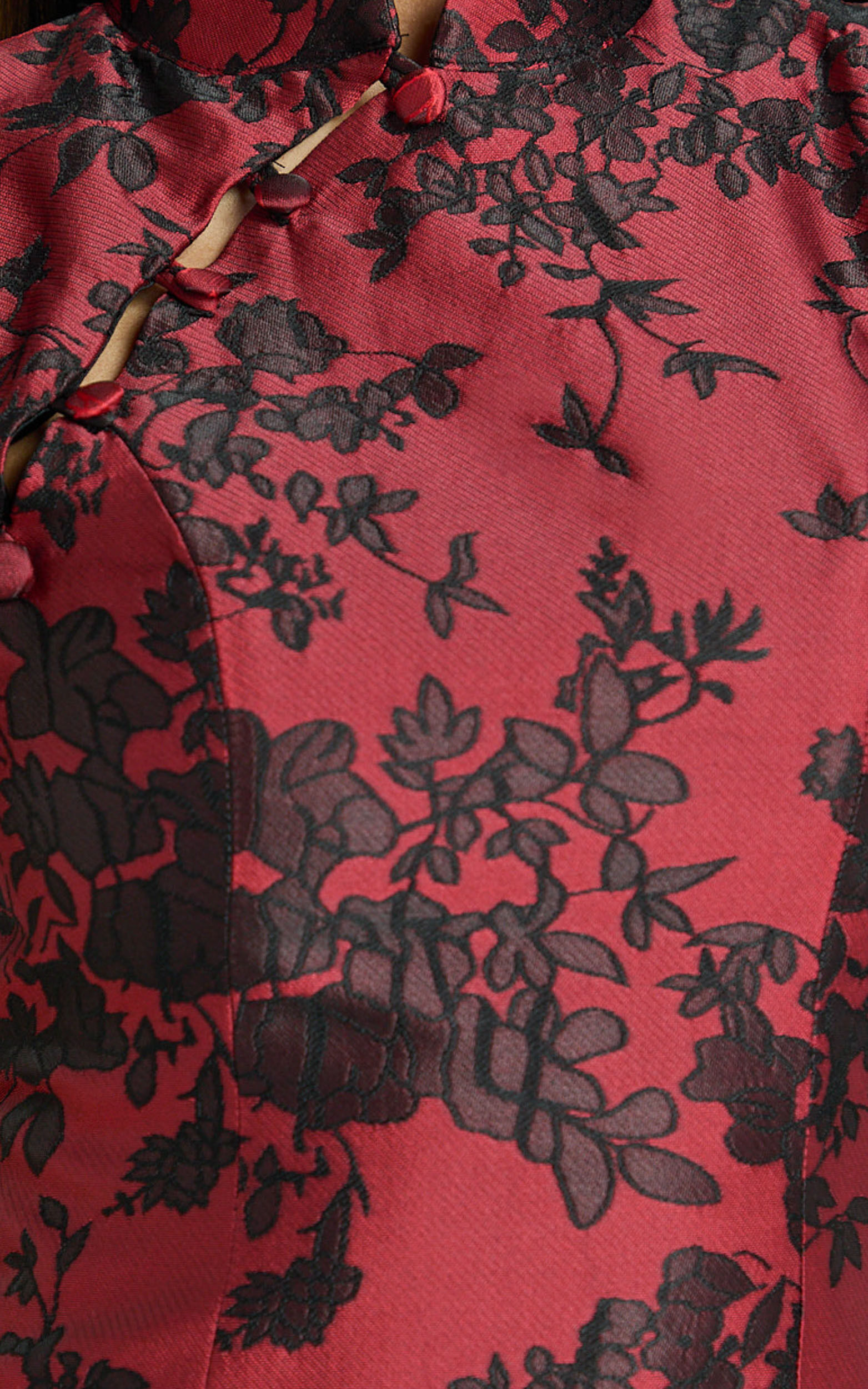 Mackay Mini Dress - Jacquard High Neck Puff Sleeve Dress in Red