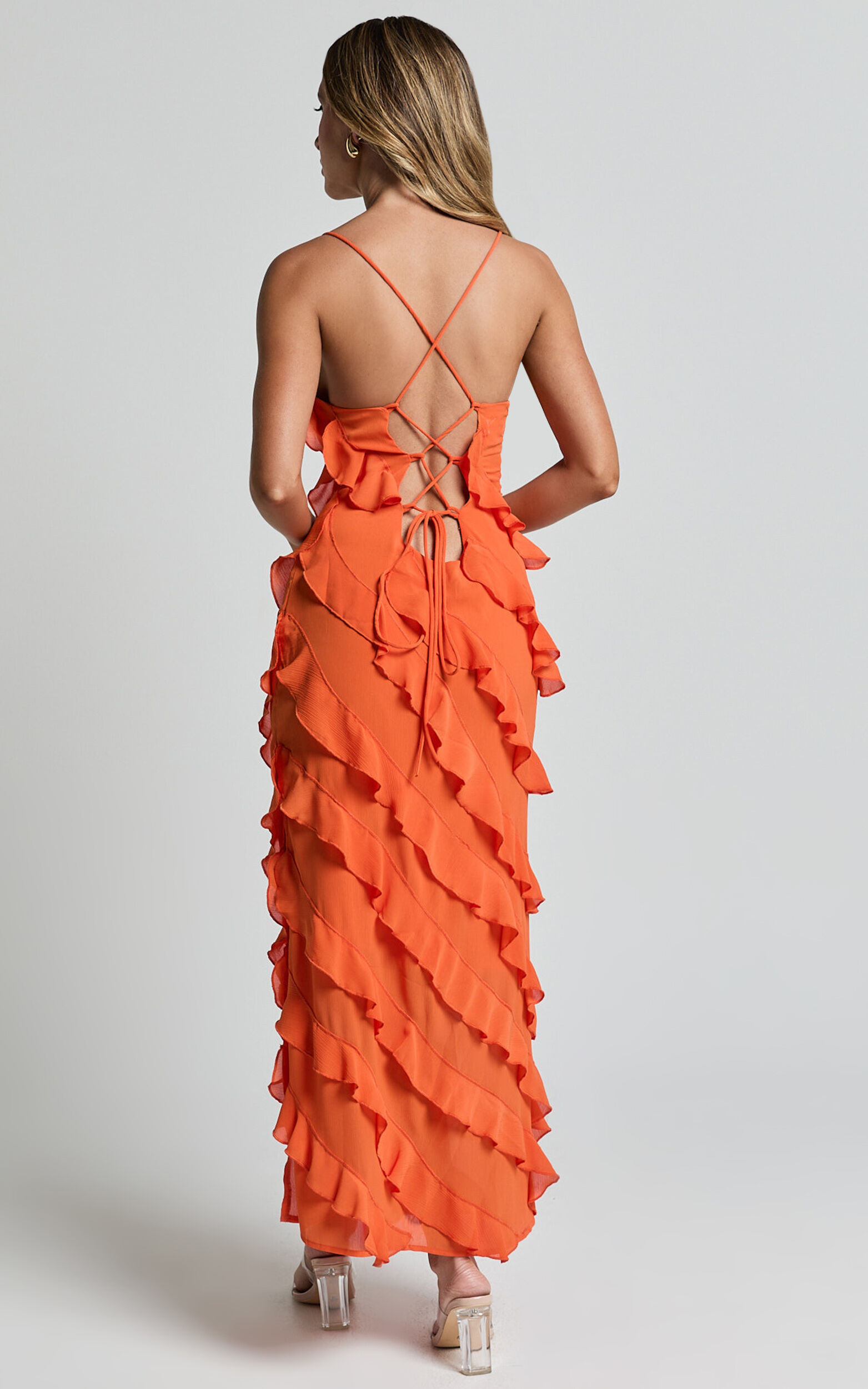 Arnie Midi Dress - Strapless Ruffle Detail Slip Dress in Orange