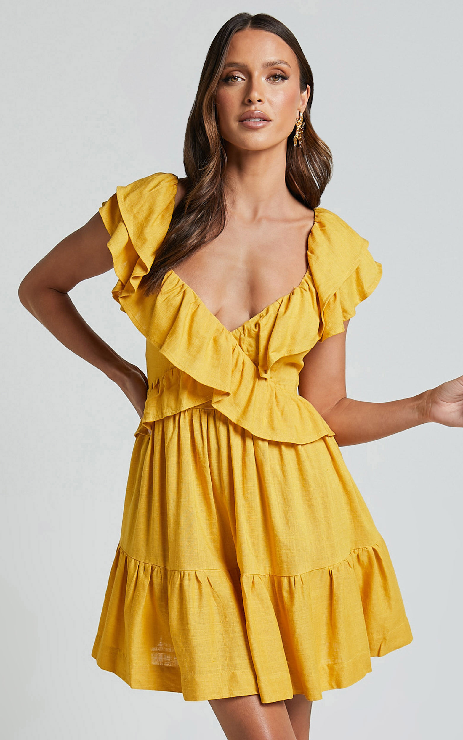 Amalie The Label - Hescia Linen Blend Frill Detail Low Back Mini Dress in Warm Yellow Gold