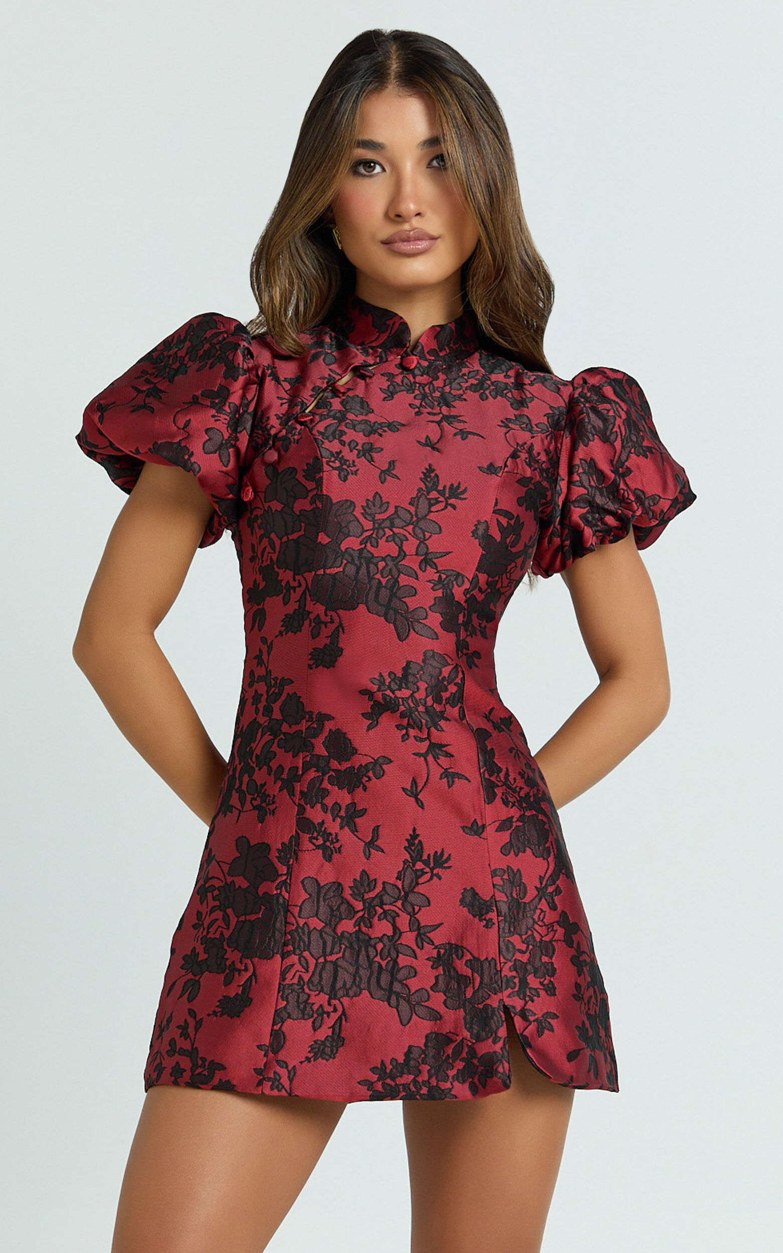 Mackay Mini Dress - Jacquard High Neck Puff Sleeve Dress in Red