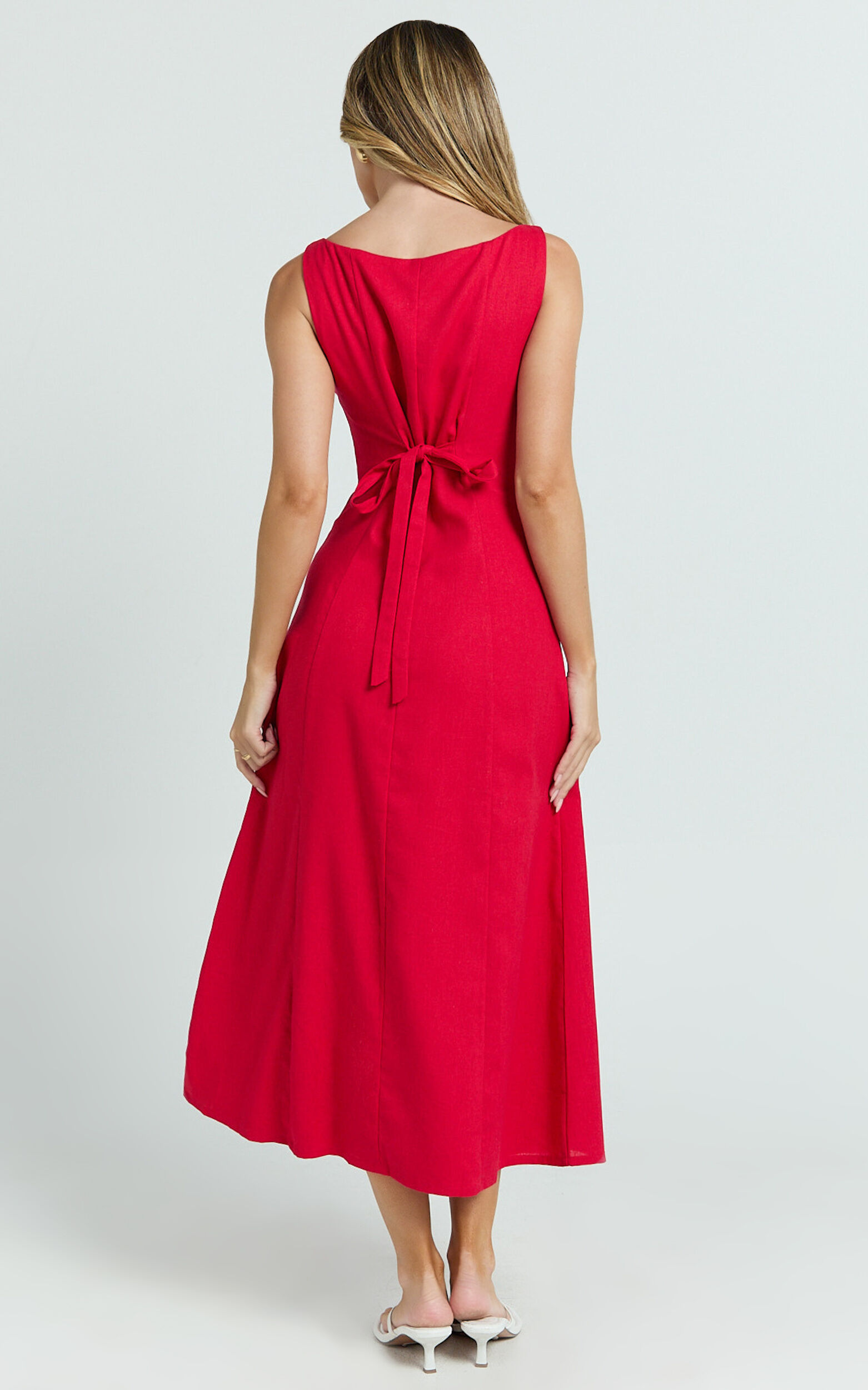 Cameron Midi Dress - Button Front Tie Back Dress in Red