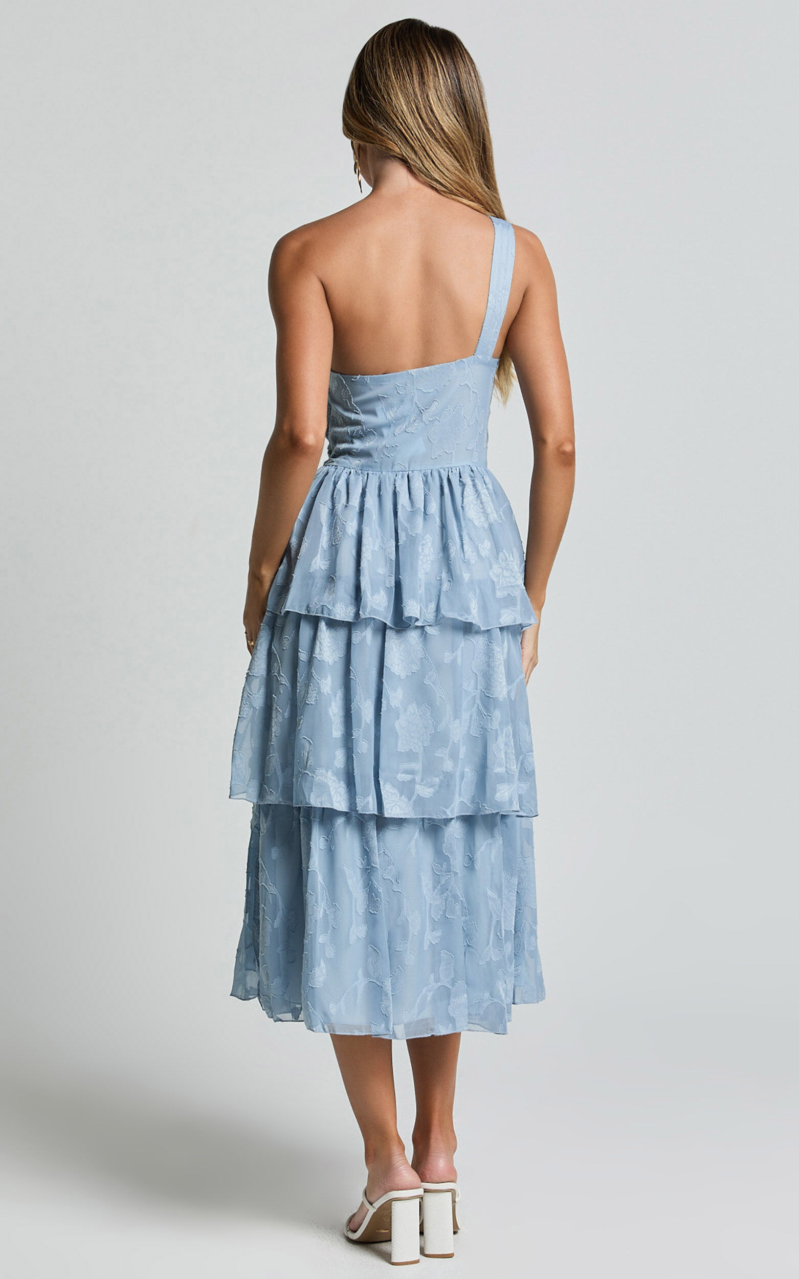 Alvinia Midi Dress - One Shoulder Cut Out Tiered Dress in Light Blue