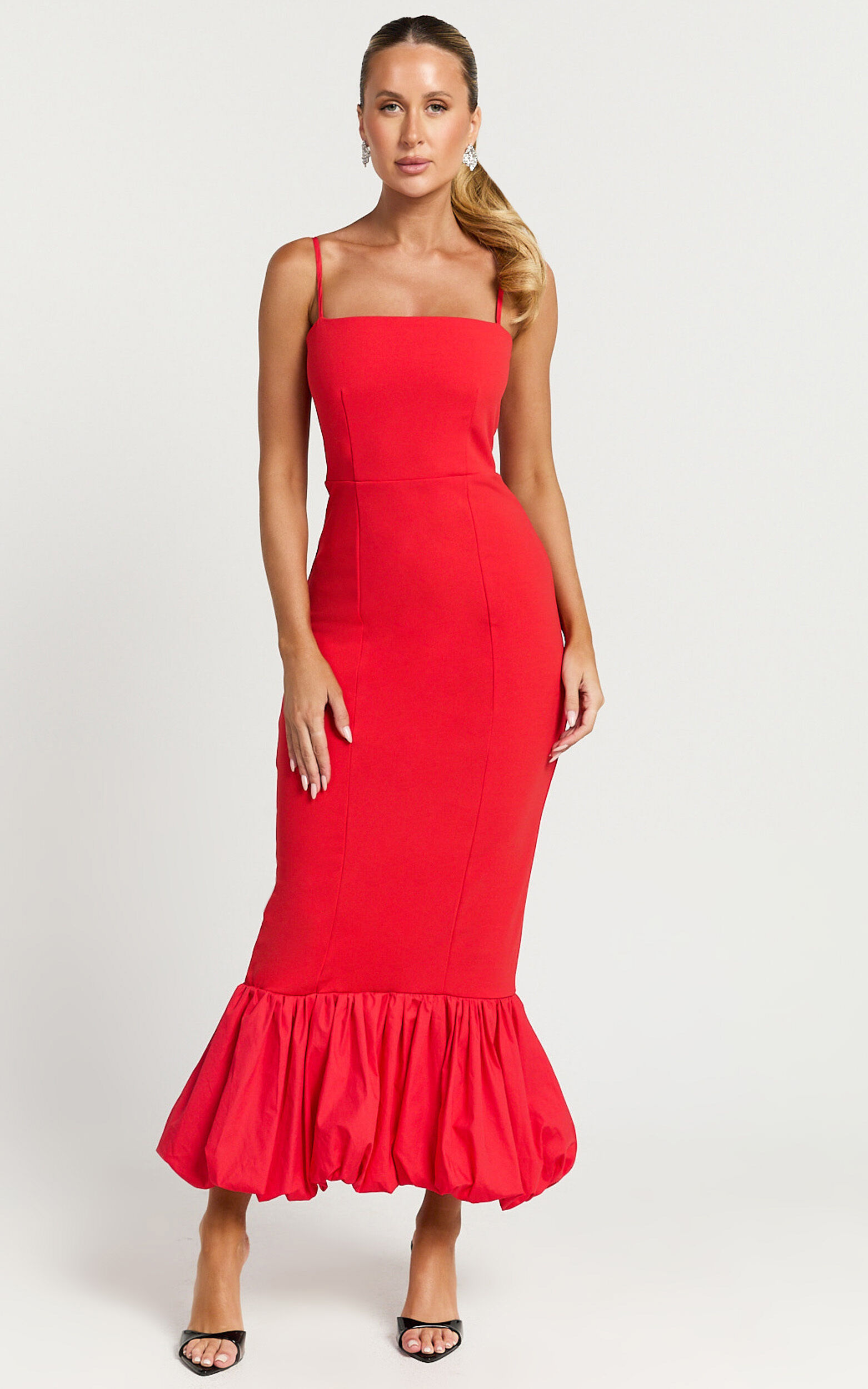 Yvonne Midi Dress - Straight Neck Fit and Flare Dress in Red