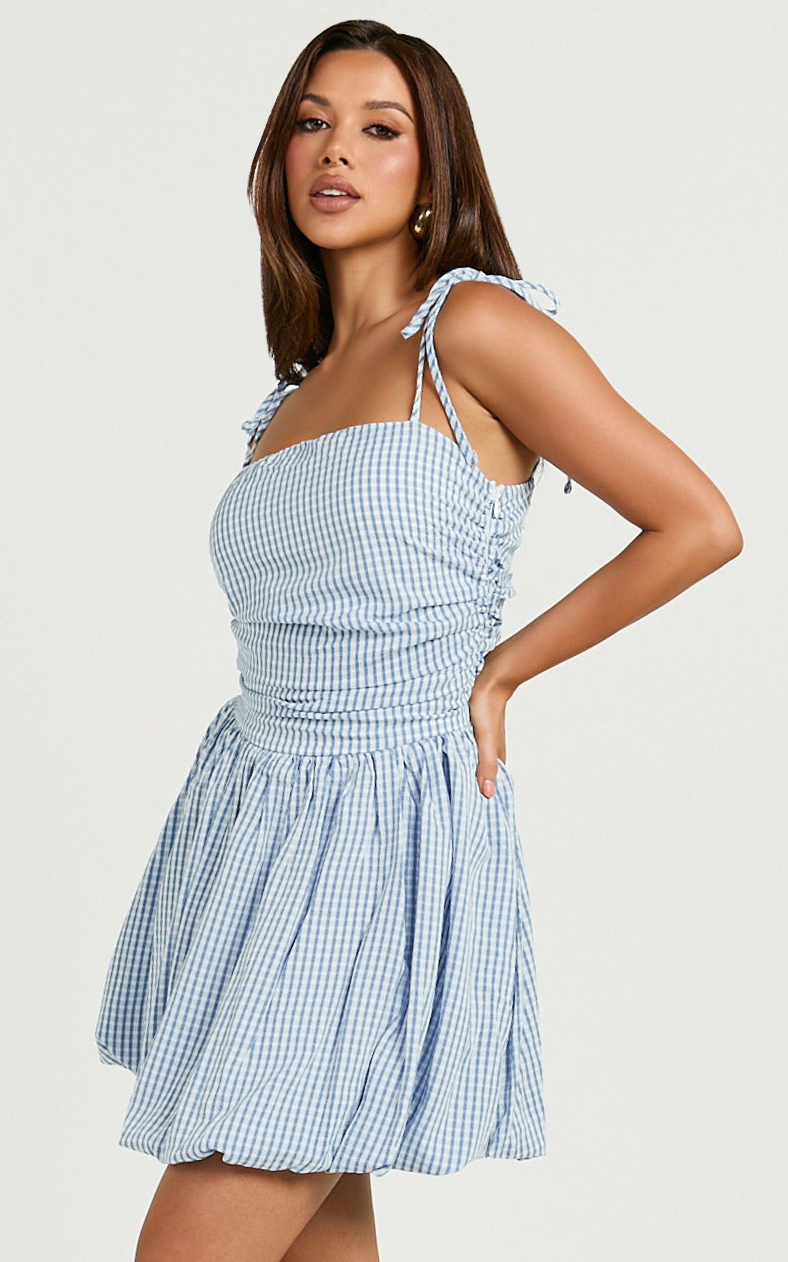 Miriam Mini Dress - Tie Straps Square Neck Mini Dress in Blue