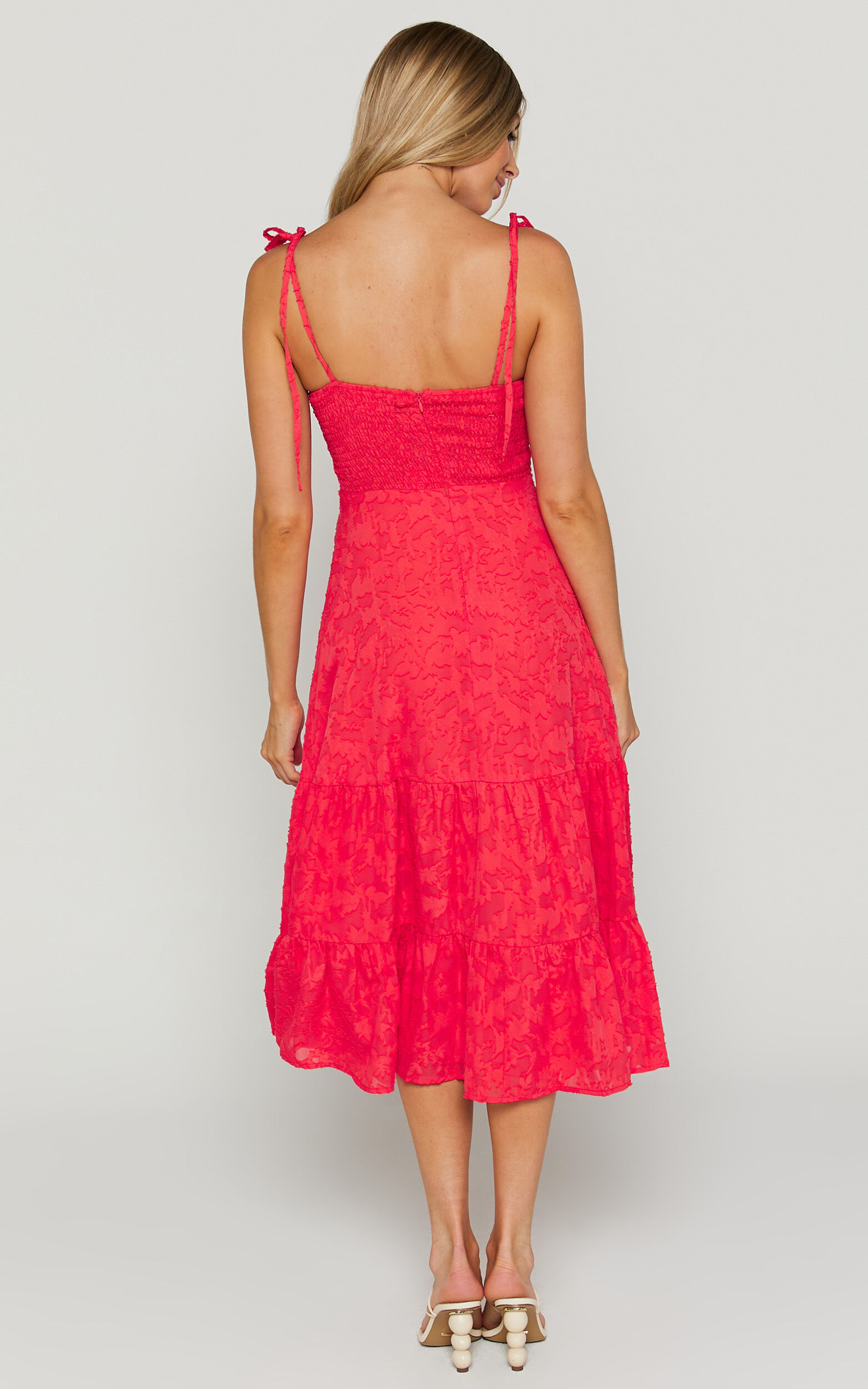 Jovena Midi Dress - Gathered Bodice Tiered Dress in Coral