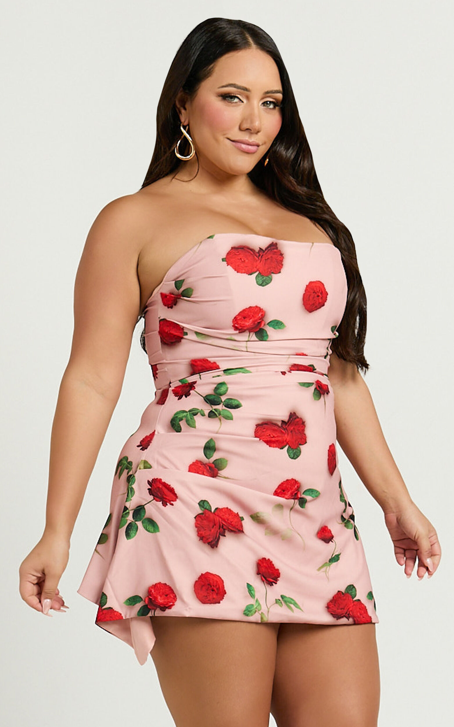 Peggy Mini Dress - Strapless Ruched Side Dress in Summer Rose Print