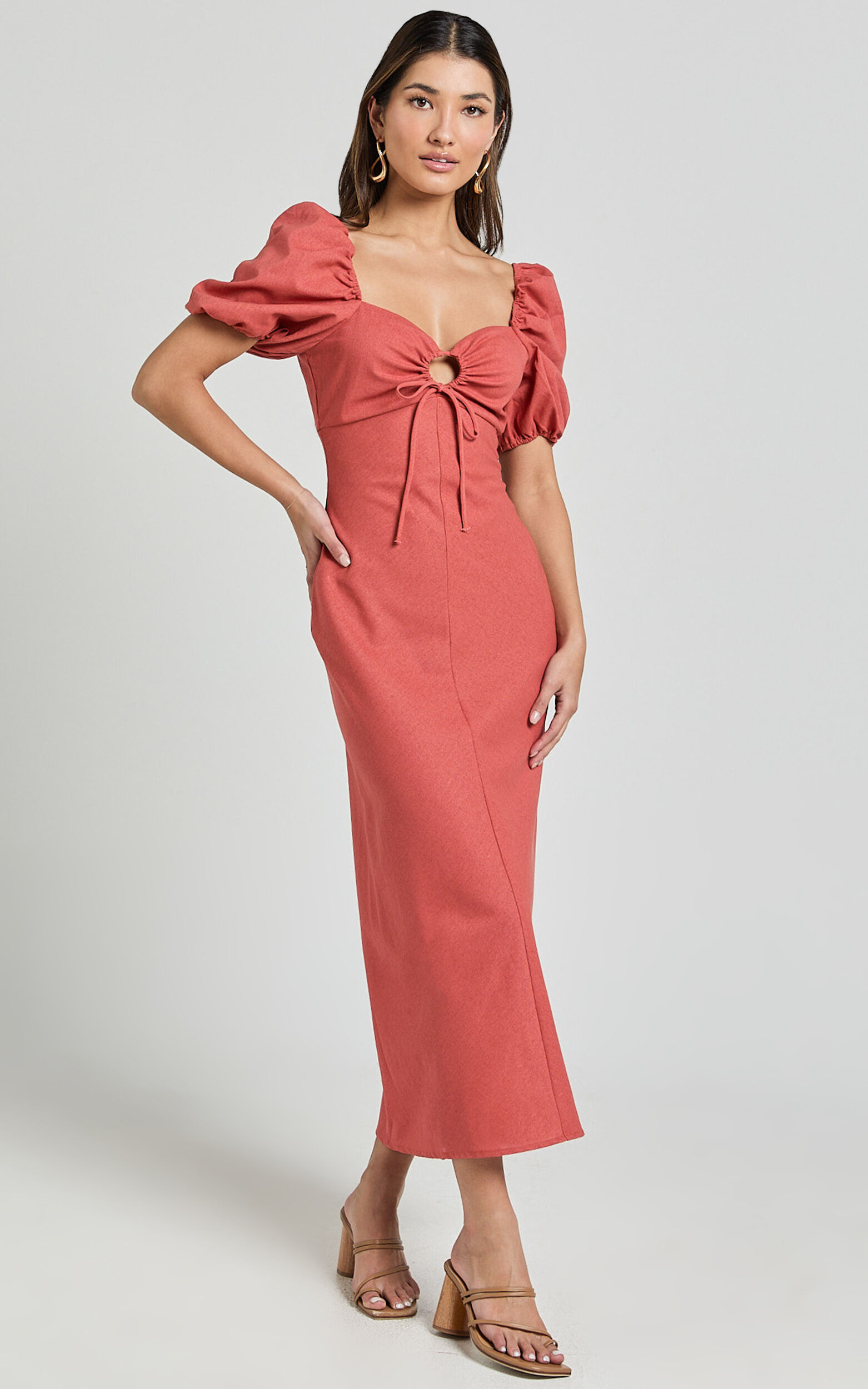 Fabia Midi Dress - Sweetheart Keyhole Linen Blend Dress in Clay