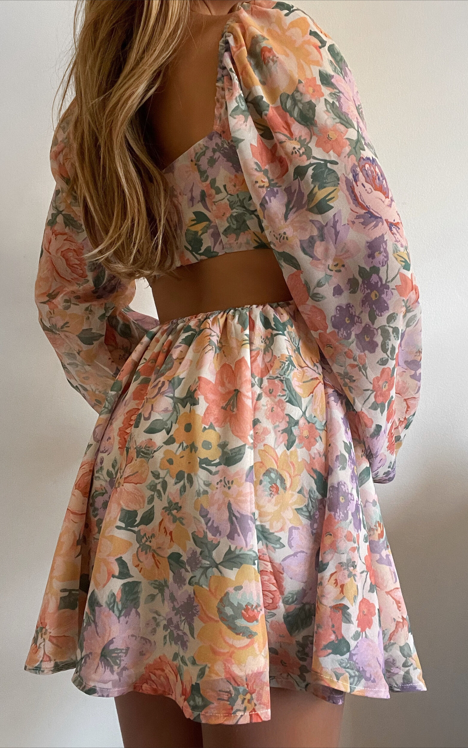 Ebonee Mini Dress - Puff Sleeve Cut Out Dress in Flower Crown