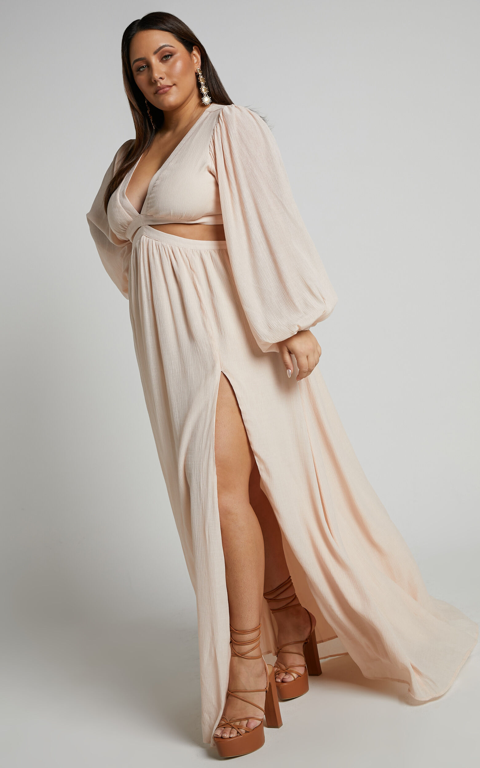 Paige Maxi Dress - Side Cut Out Balloon Sleeve Dress in Neutral