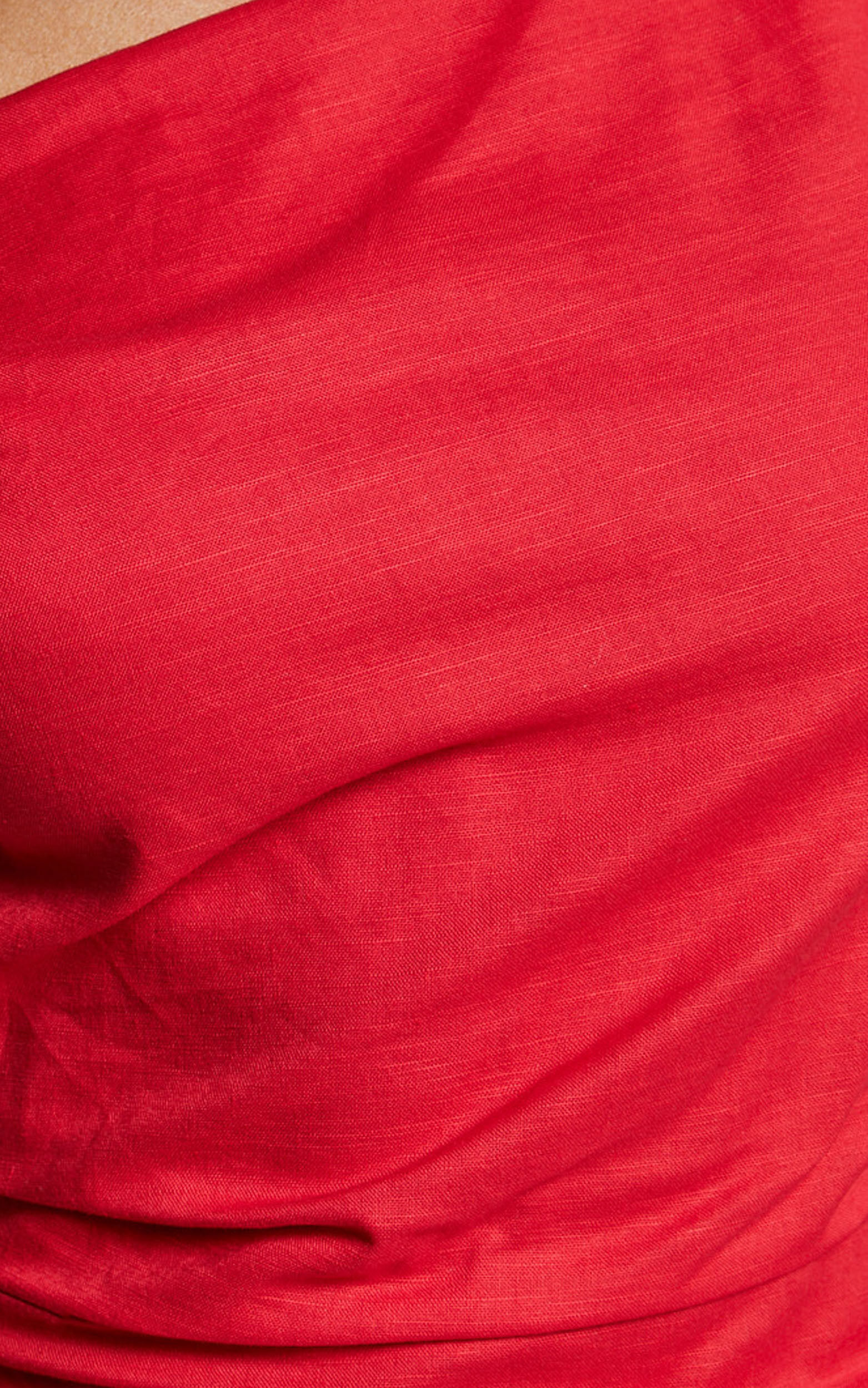 Cincinnati Midi Dress - Off The Shoulder Side Split Column Linen Dress in Red