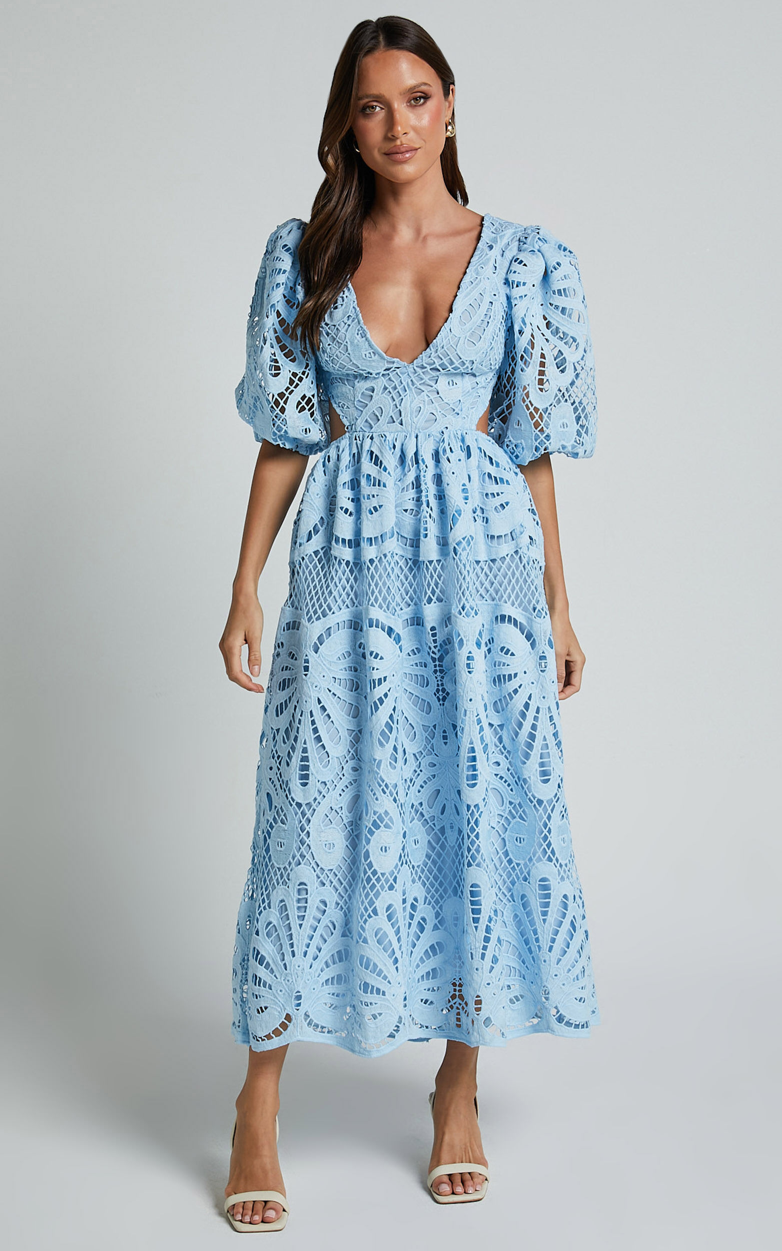 Anieshaya Midi Dress - V Neck Cut Out Lace Dress in Soft Blue