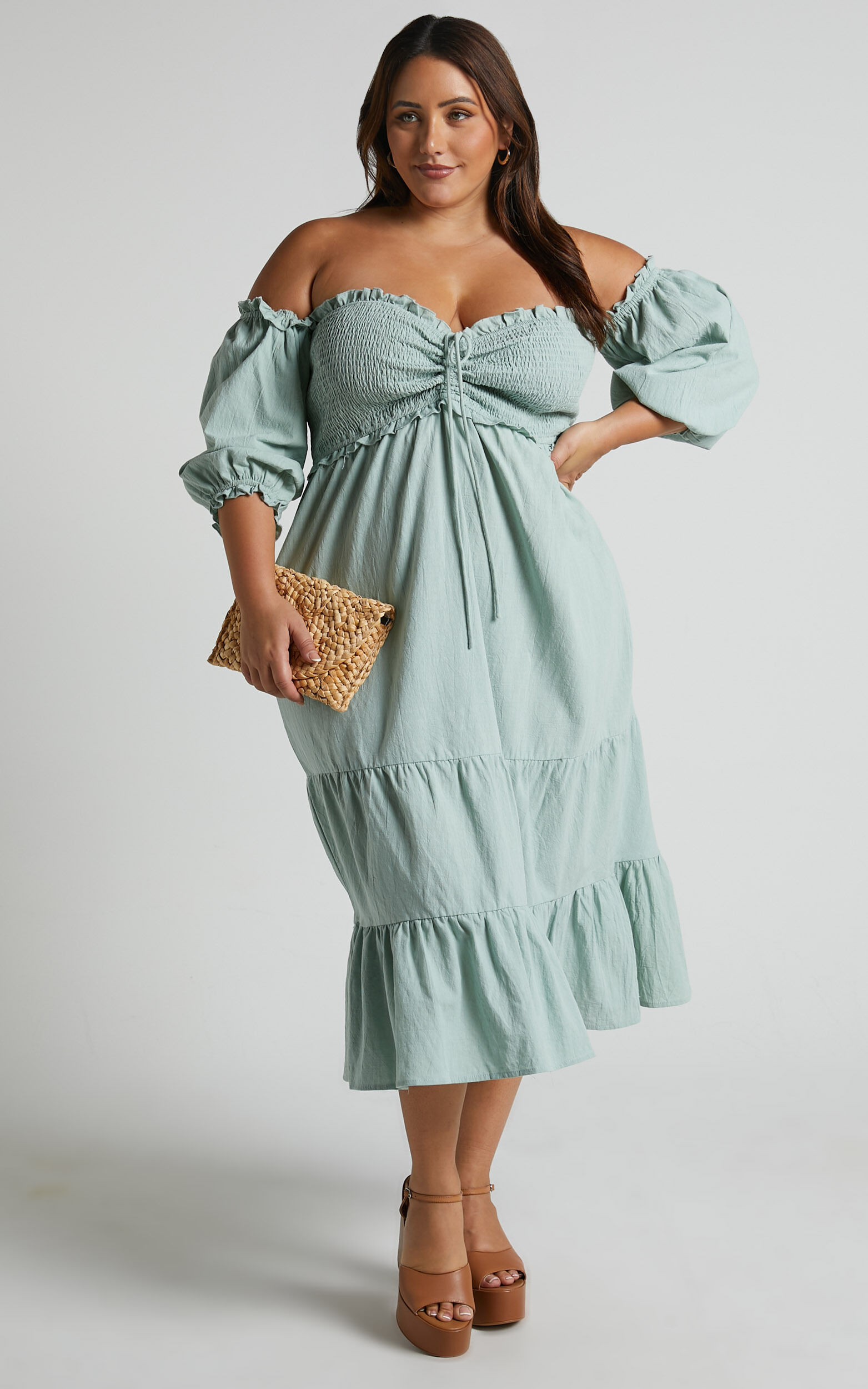 Nikka Midi Linen Dress - Shirred Off Shoulder Puff Sleeve Dress in Sage