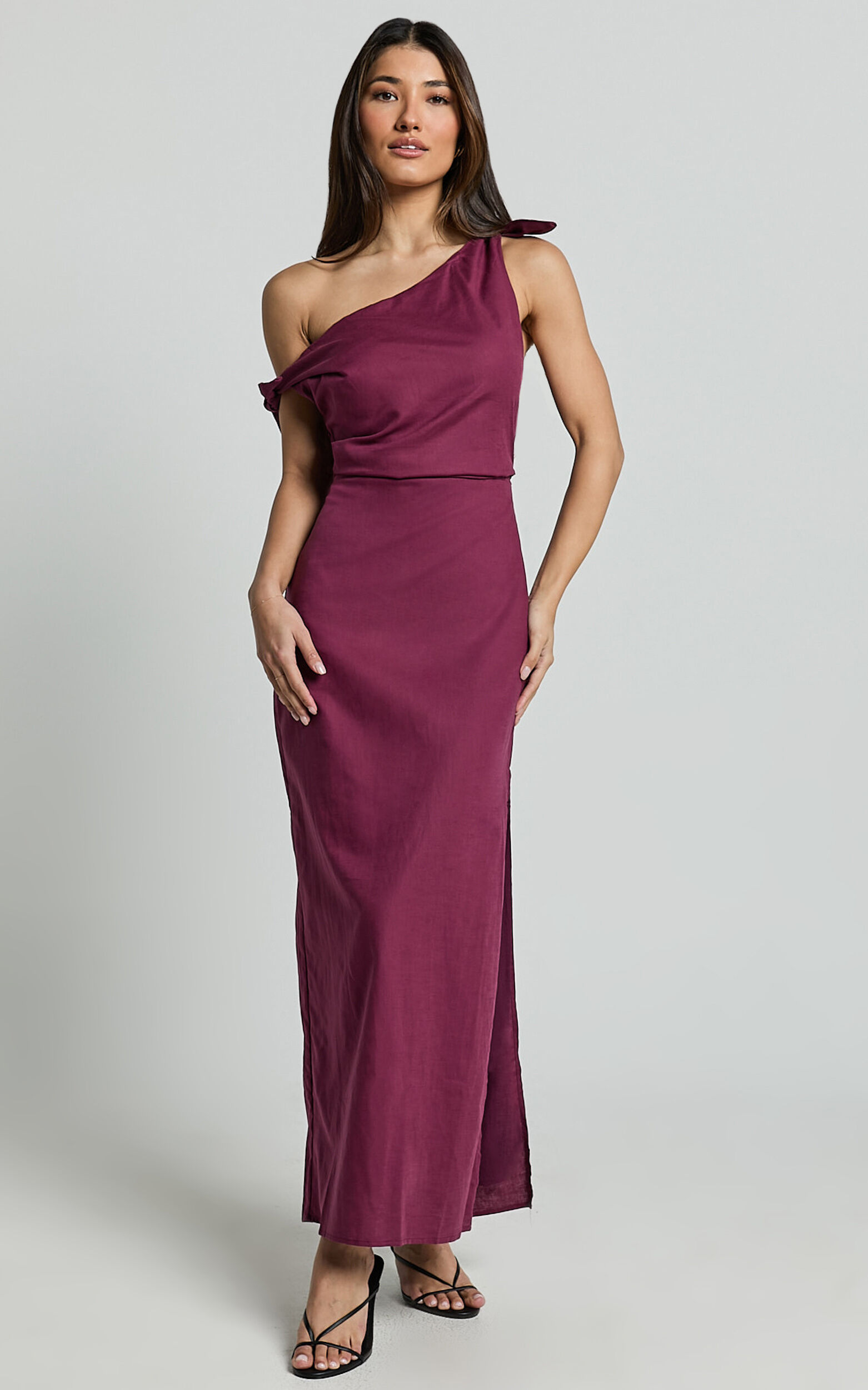 Cincinnati Midi Dress - Off The Shoulder Side Split Column Linen Dress in Merlot