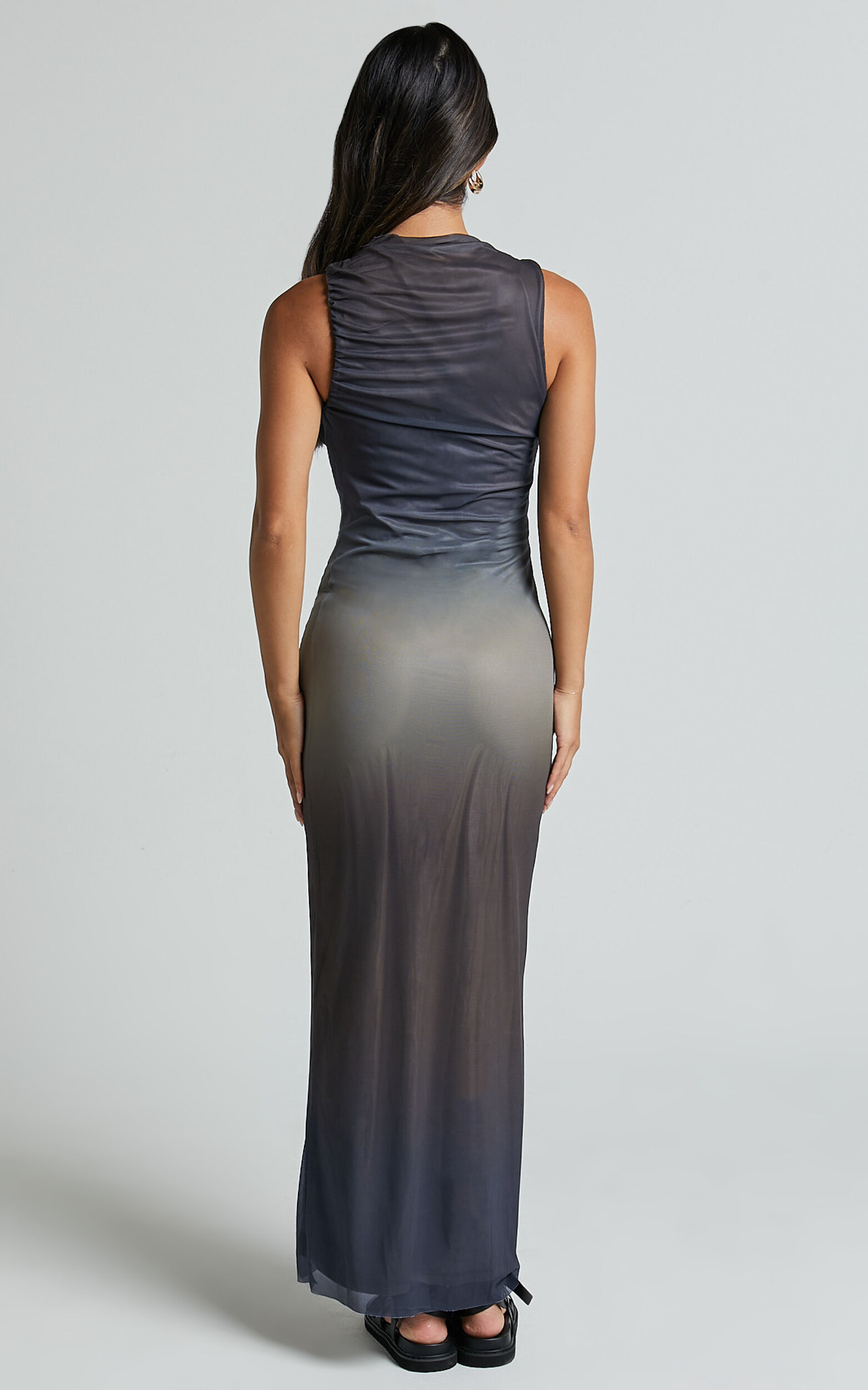 Tassa Midi Dress - High Neck Slip Mesh Ombre Dress in Stormy Ombre