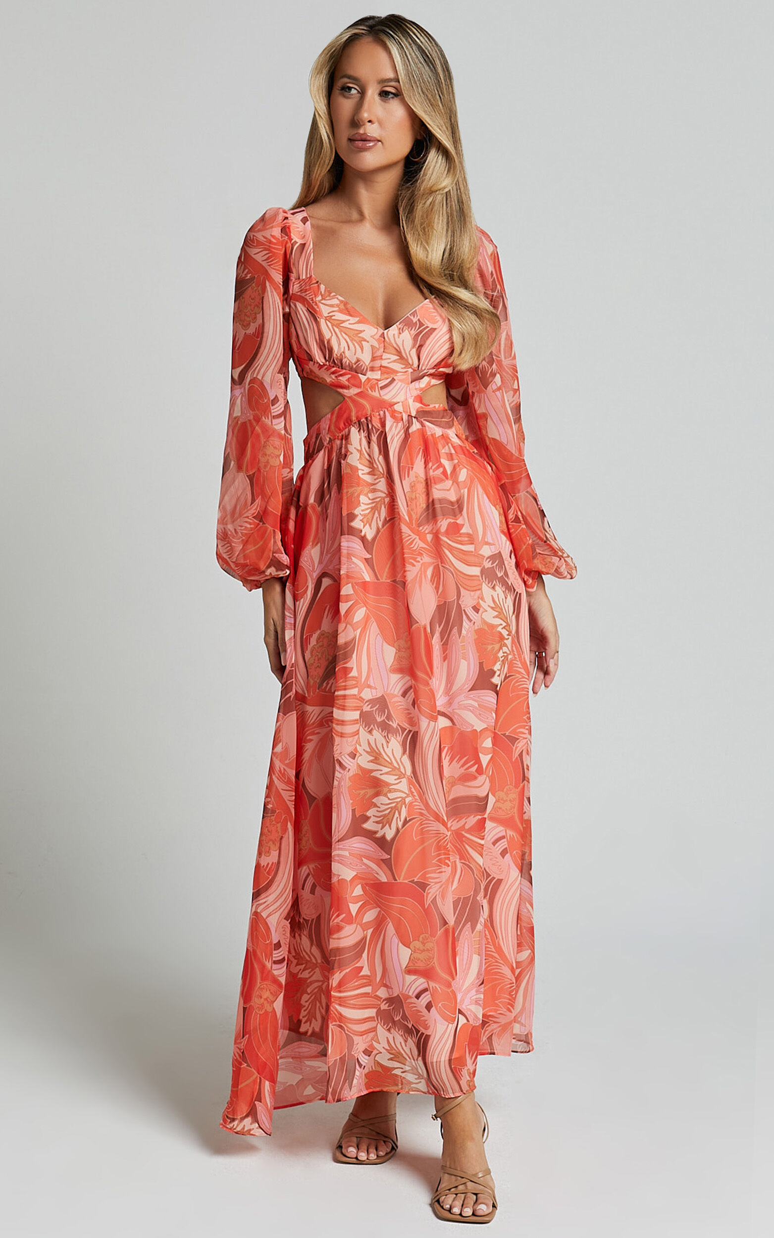 Deborah Midi Dress - Ballon Sleeve V Neck Side Cut Out Dress in Orange Floral