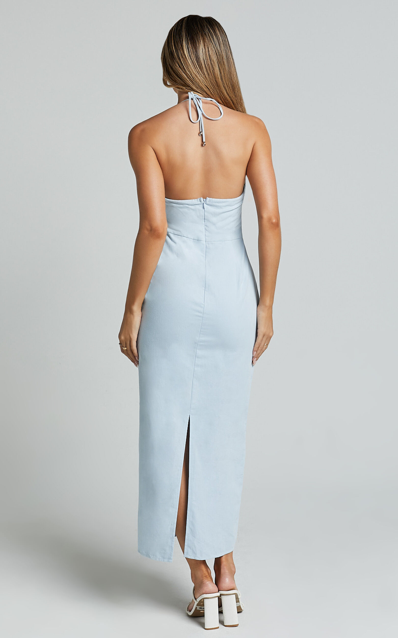 Zora Midi Dress - Halter Ruched Bust Slip Dress in Pale Blue