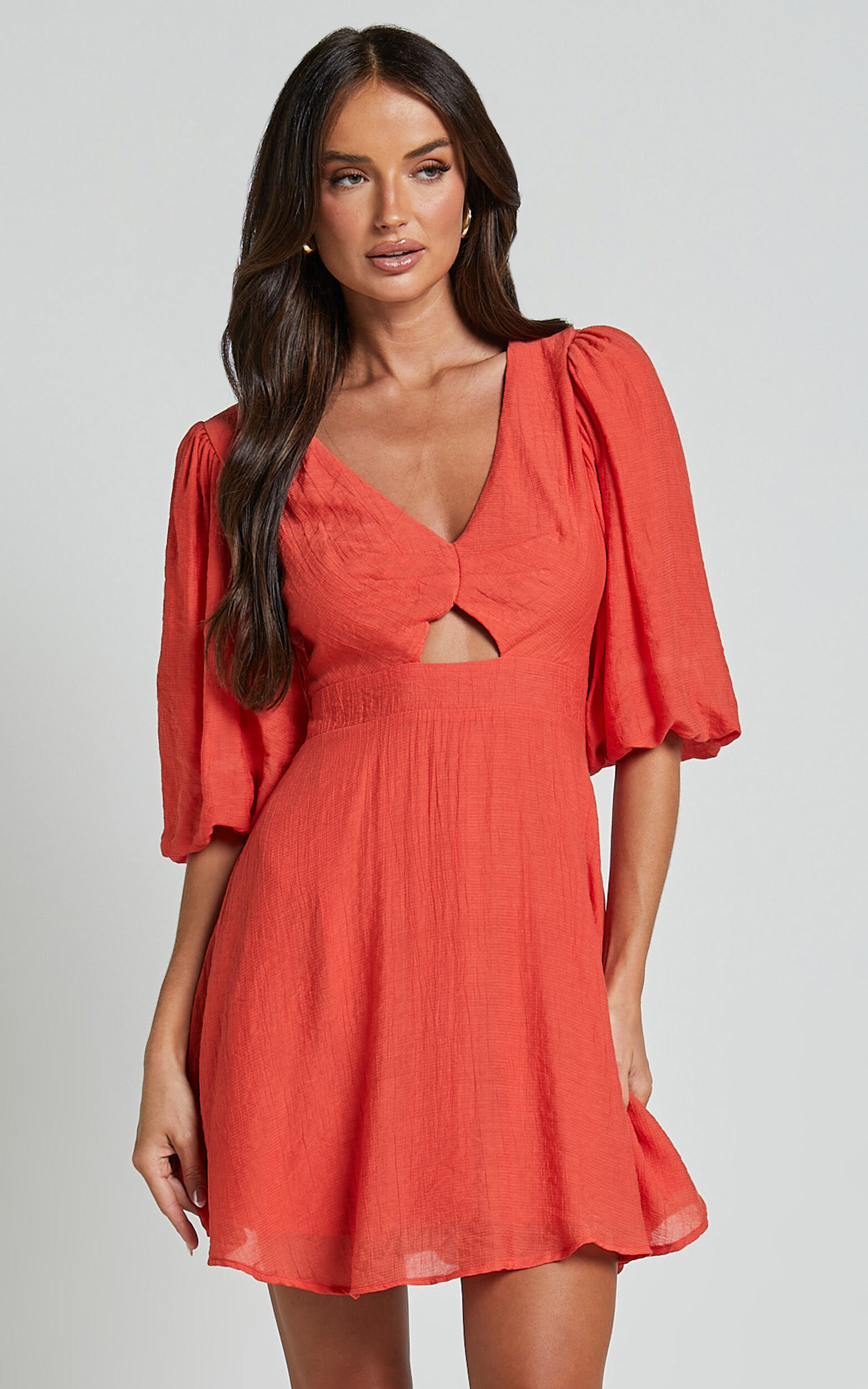 Jackielyn Mini Dress - Front Cut Out V Neck Puff Sleeve A Line Dress in Papaya