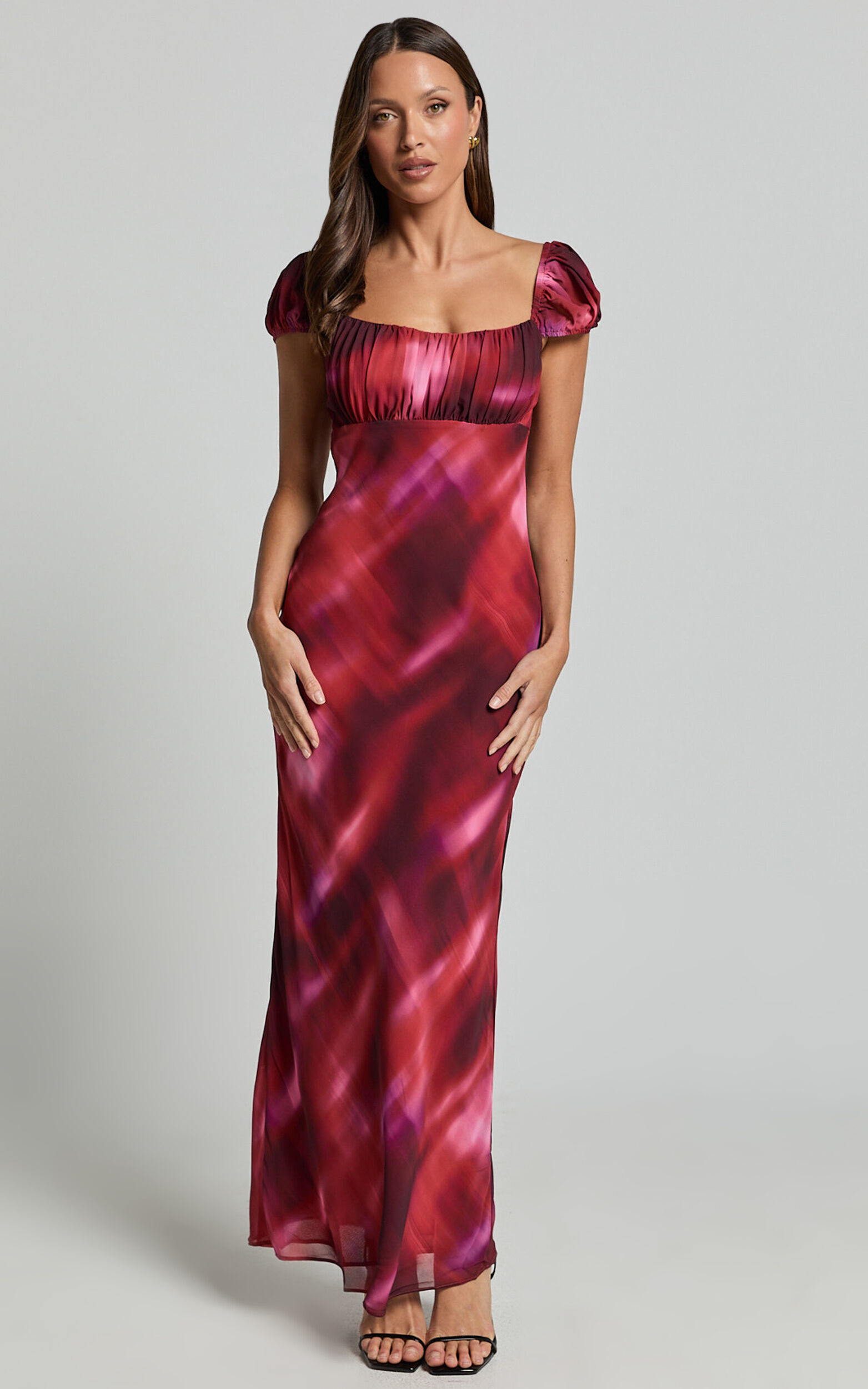 Avril Midi Dress - Recycled Puff Sleeve Empire Slip Dress in Tequila Sunset Print