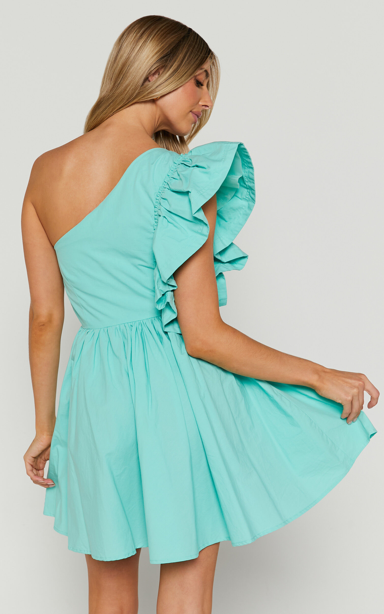Brodie Mini Dress - One Shoulder Frill Dress in Green