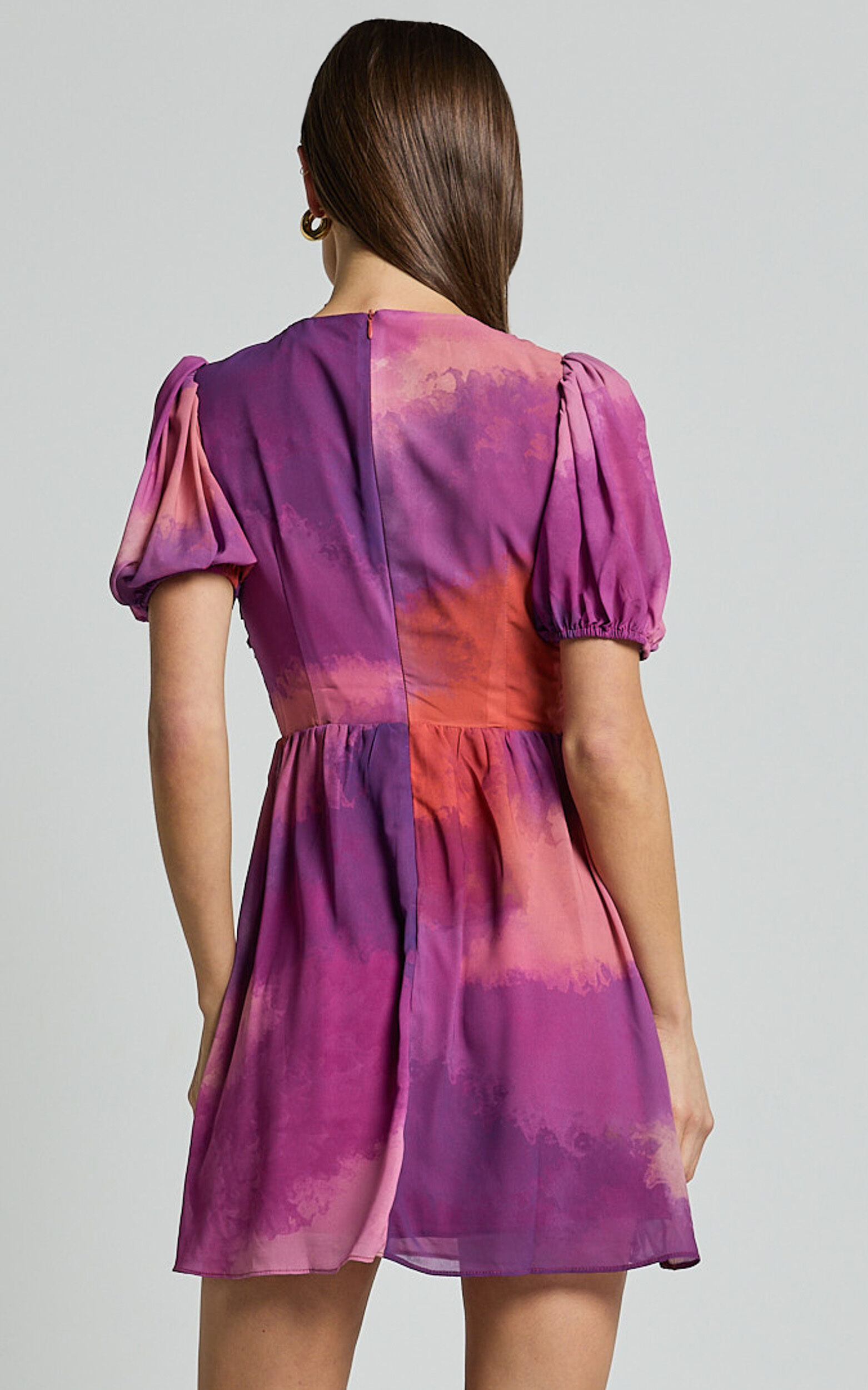 Kennedy Mini Dress - Recycled Polyester V Neck Puff Sleeve Dress in Coral Mirage Print