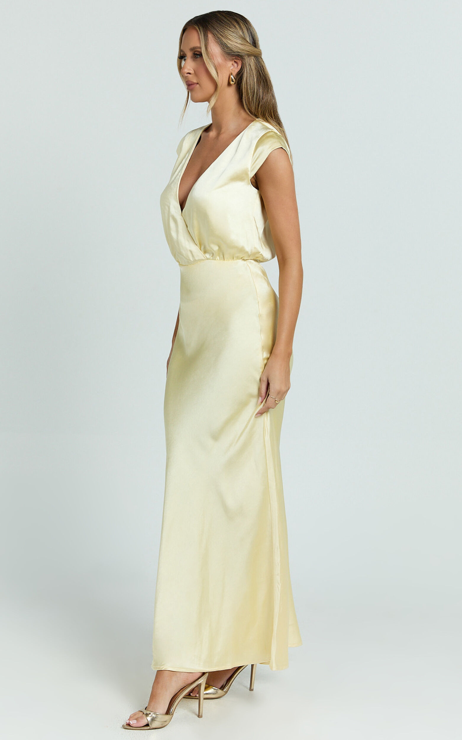 Hailey Maxi Dress - Cap Sleeve V Neck Dress in Lemon