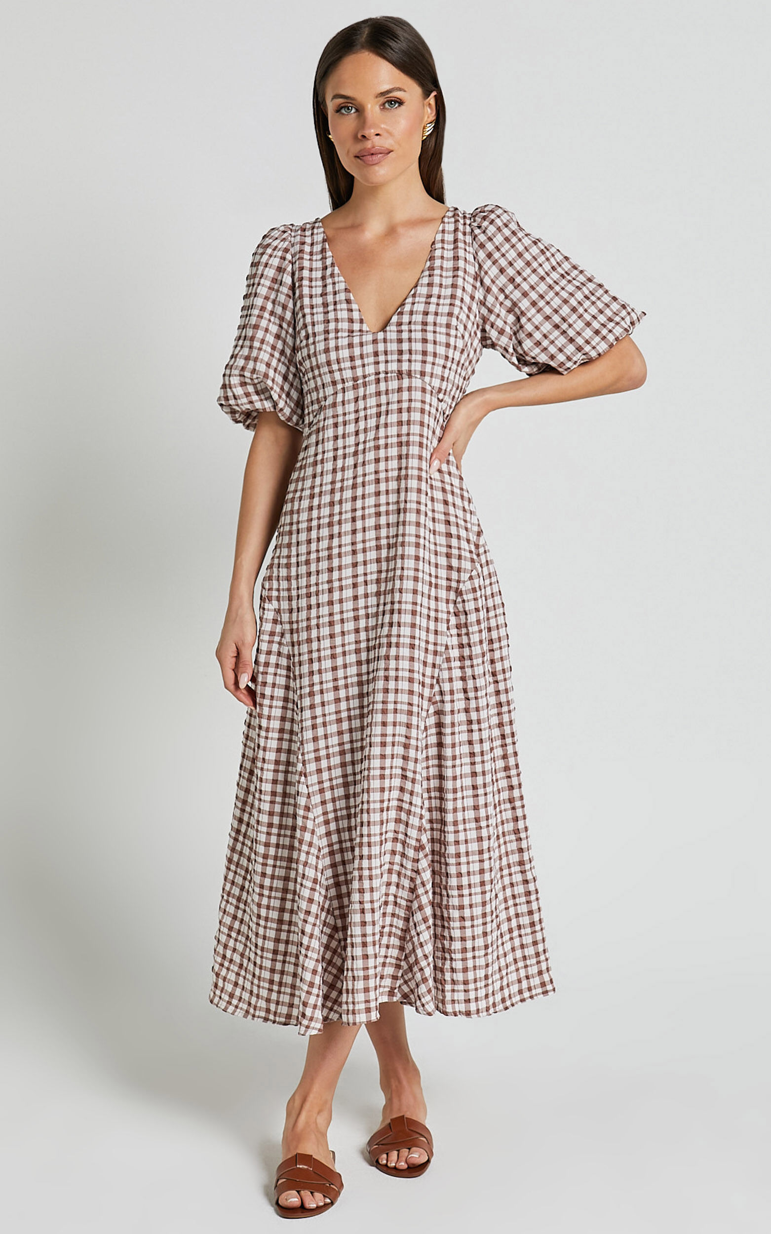 Jameela Midi Dress - V Neck Short Puff Sleeve Godet A Line Smock Dress in Chocolate Gingham