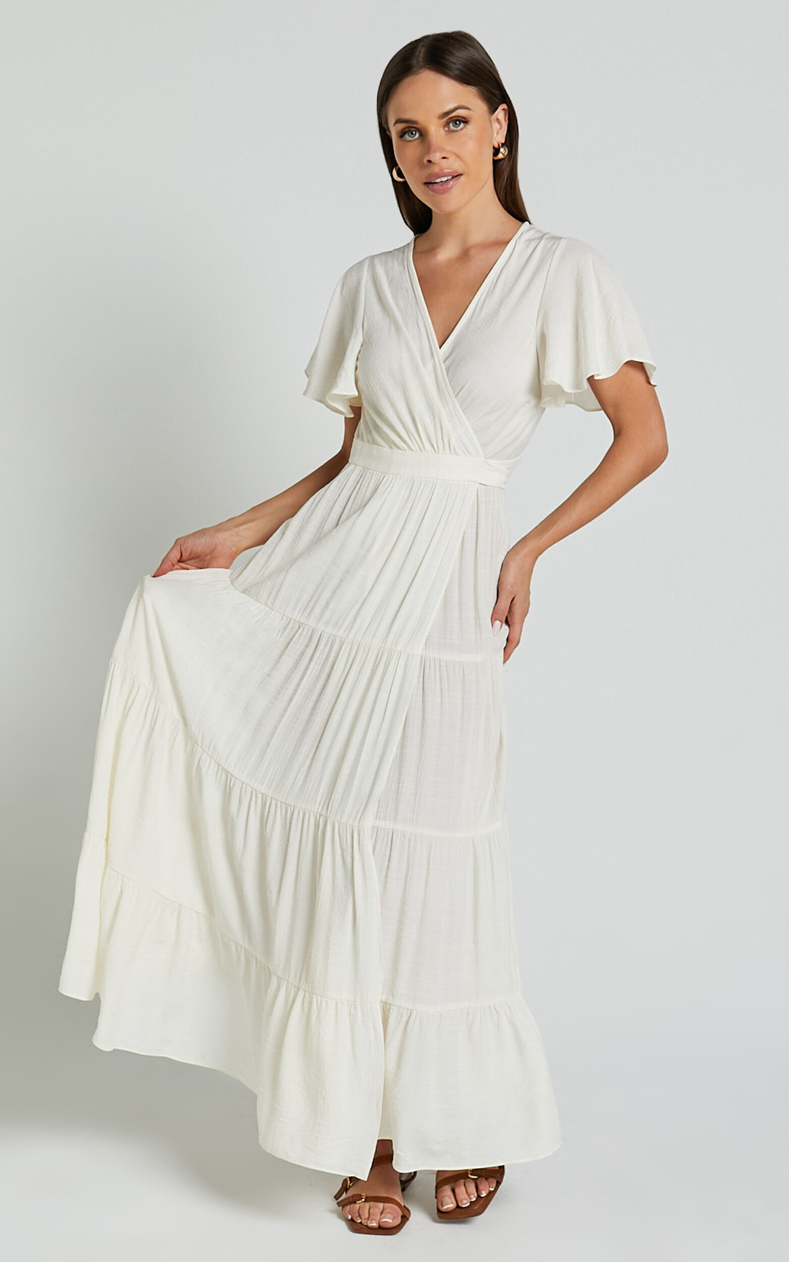 Geneva Midi Dress - Short Flutter Sleeve Wrap Dress in Off White