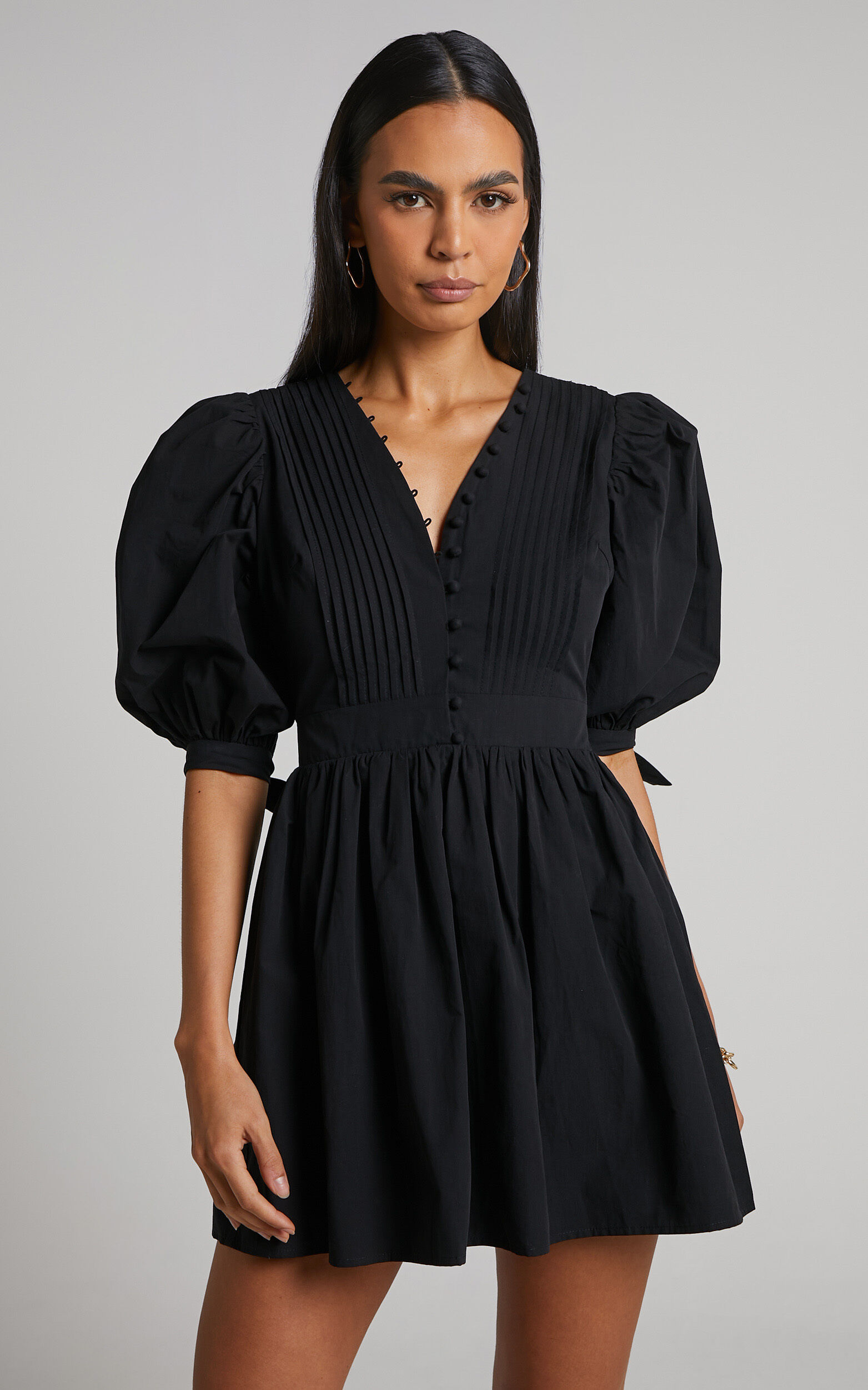 Zandra Mini Dress - Puff Sleeve Poplin Dress in Black