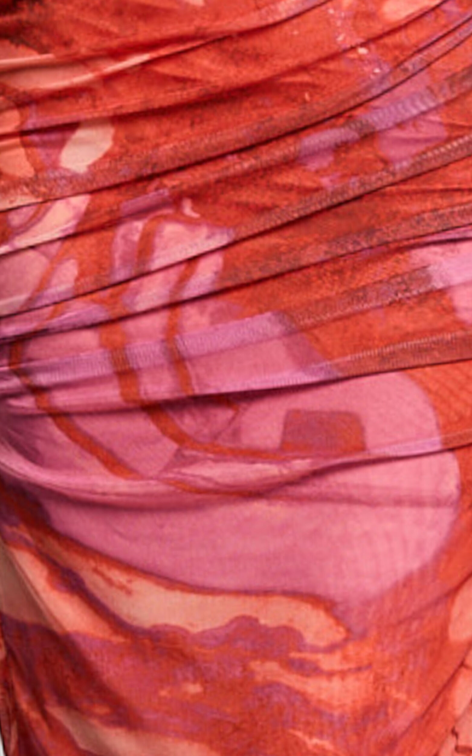 Yazmin Midi Dress - Strapless Ruched Mesh Slip Dress in Pink Blur Print