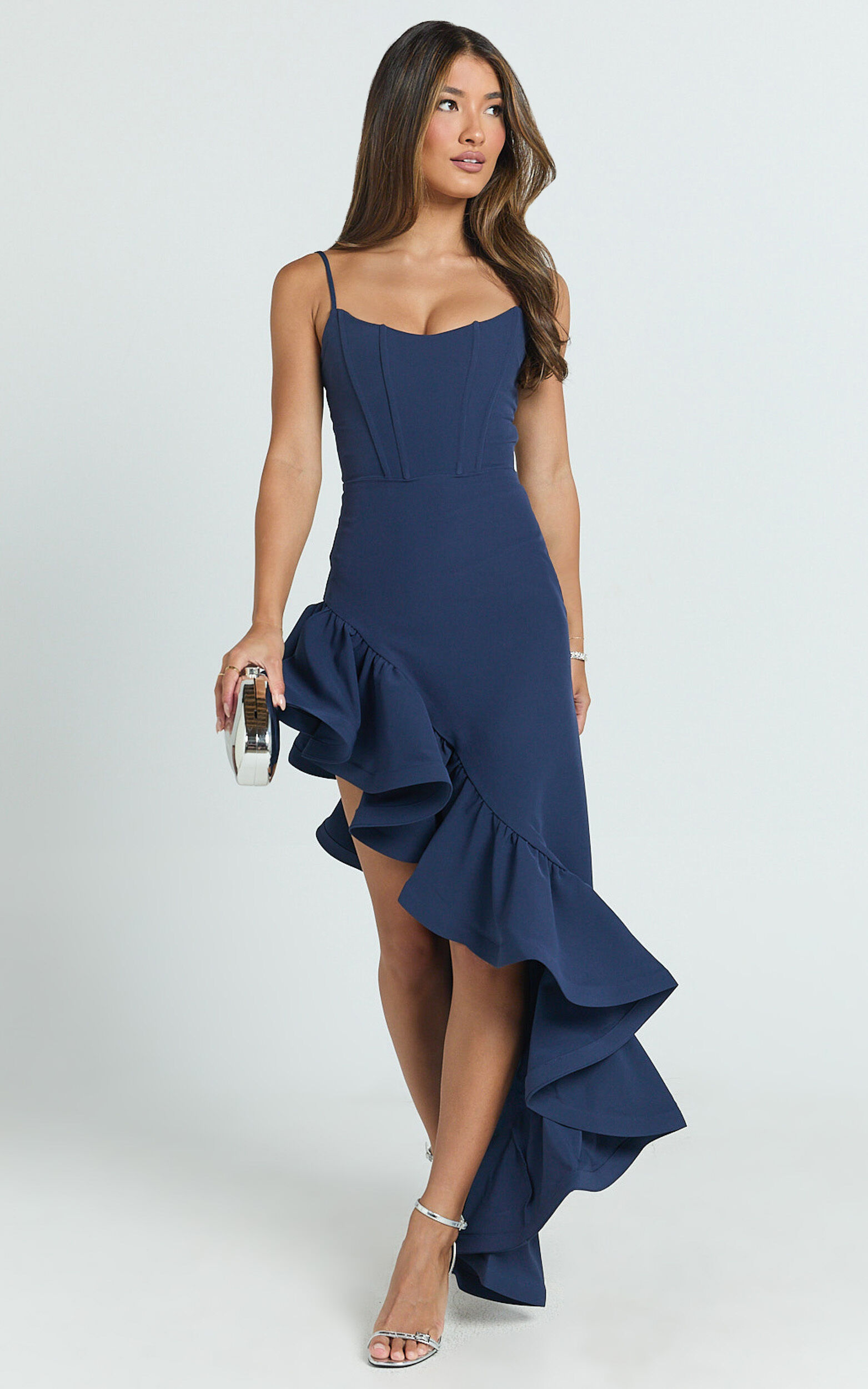 Maura Maxi Dress - Scoop Neckline Ruffle High Low Dress in Navy
