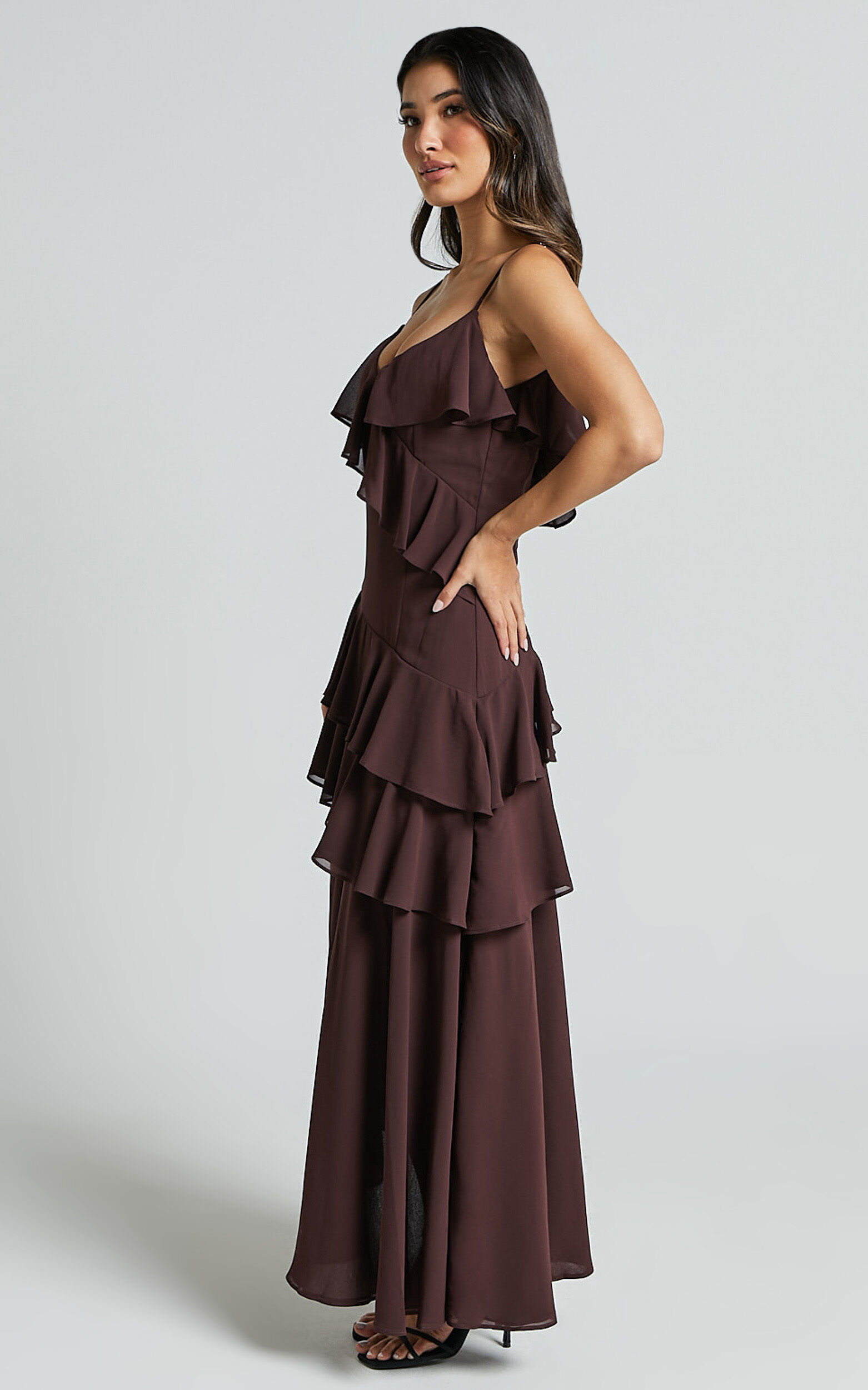 Emily Midi Dress - Strappy Asymmetric Ruffle Dress in Chocolate