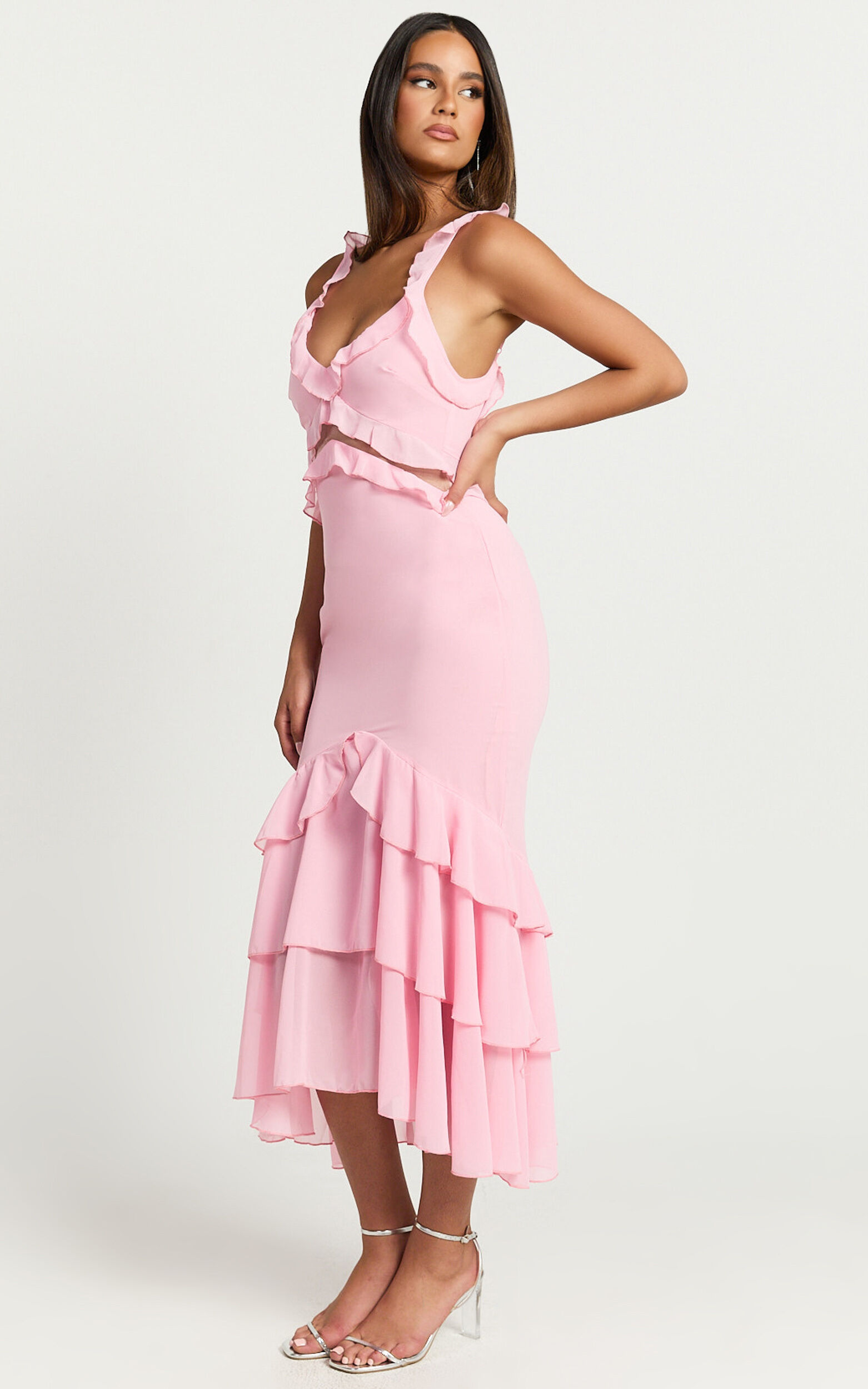 Hattie Midi Dress - Ruffle Detail V-neck Dress in Pink
