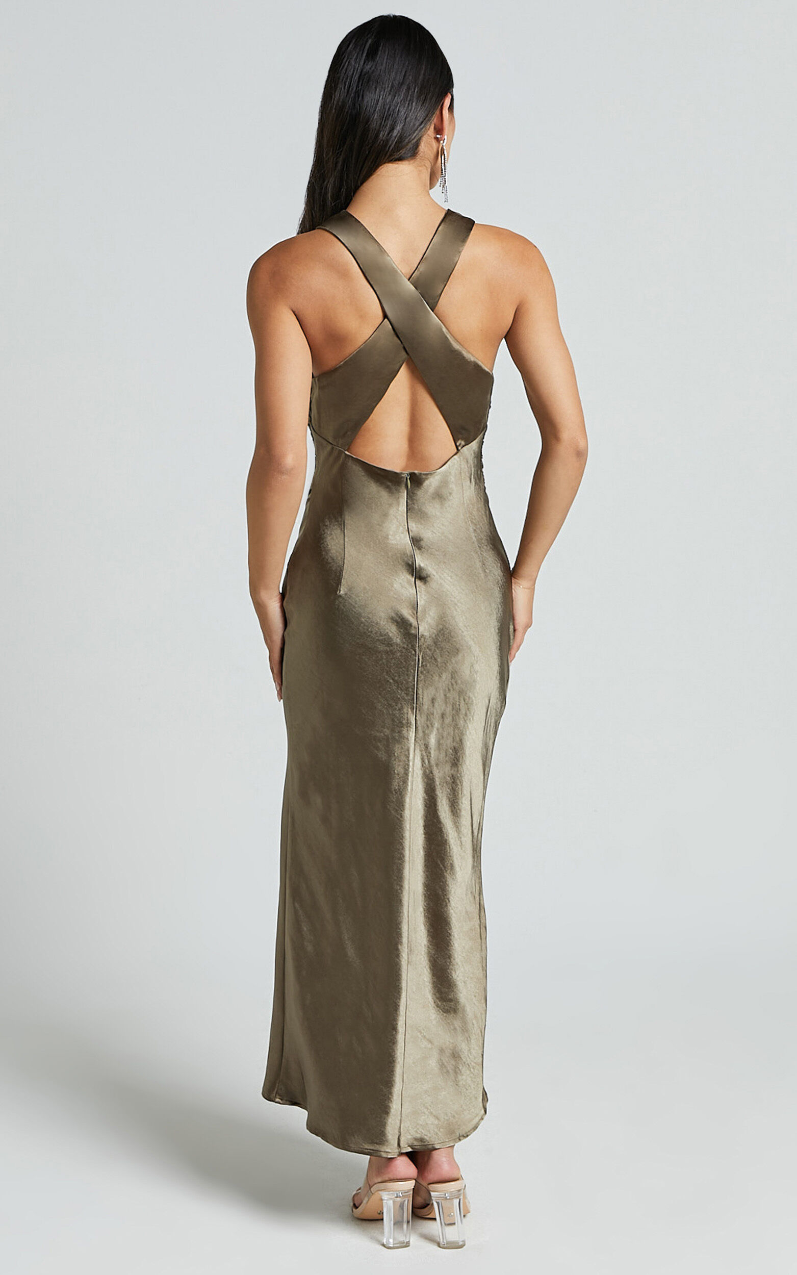 Aluna Midi Dress - High Neck Cross Back Satin Slip Dress in Olive