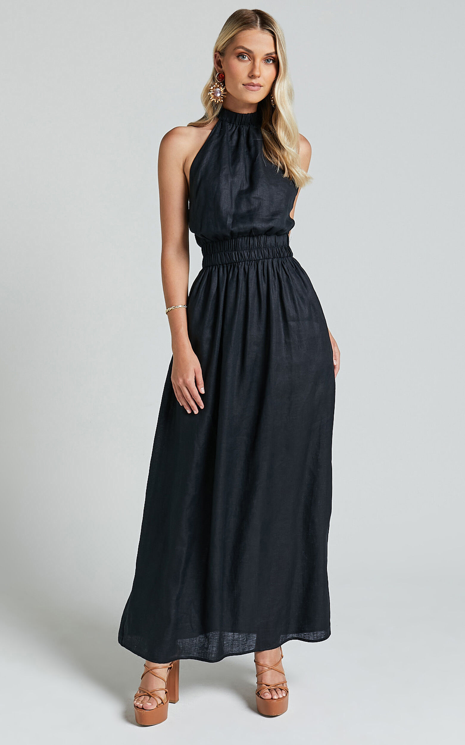 Amalie The Label - Shepard Linen Blend Halter Neck Maxi Dress in Black