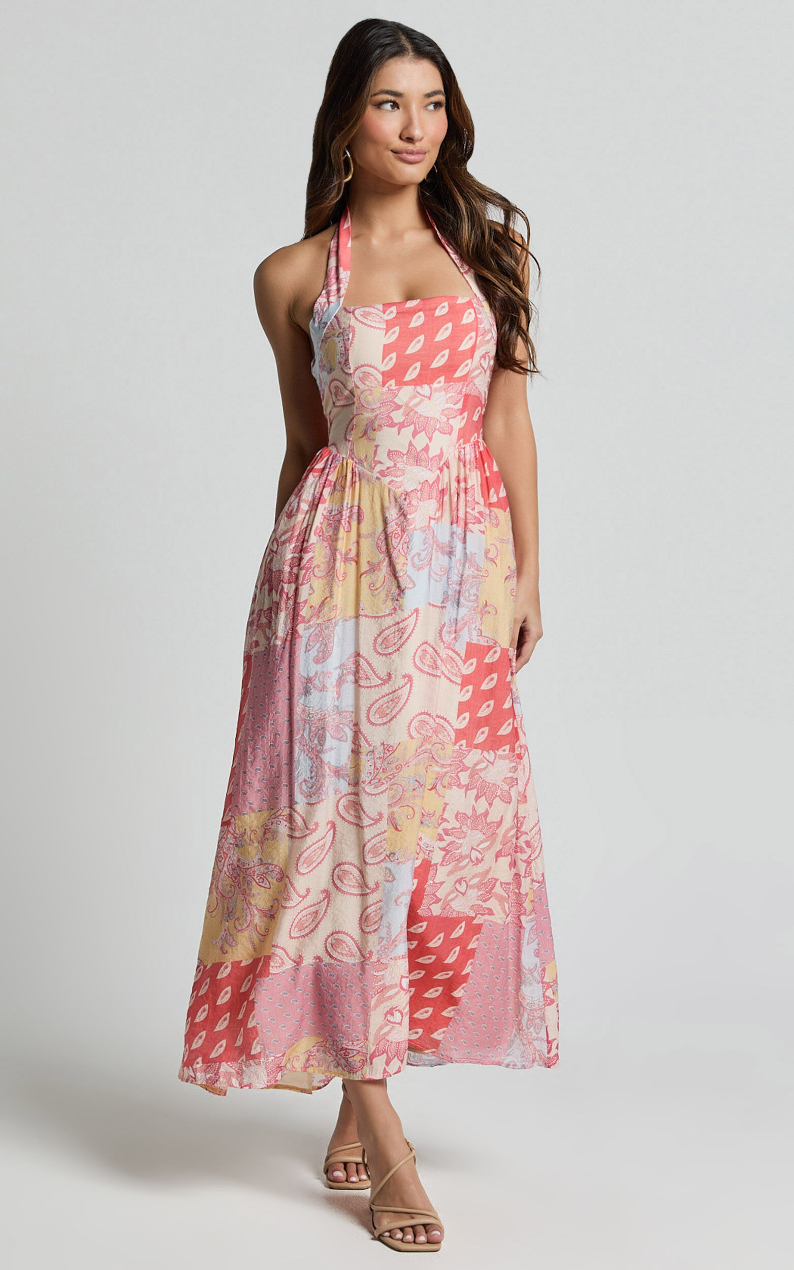Anziel Midi Dress - Halter Tie Back Tiered Dress in Pink Patchwork Print