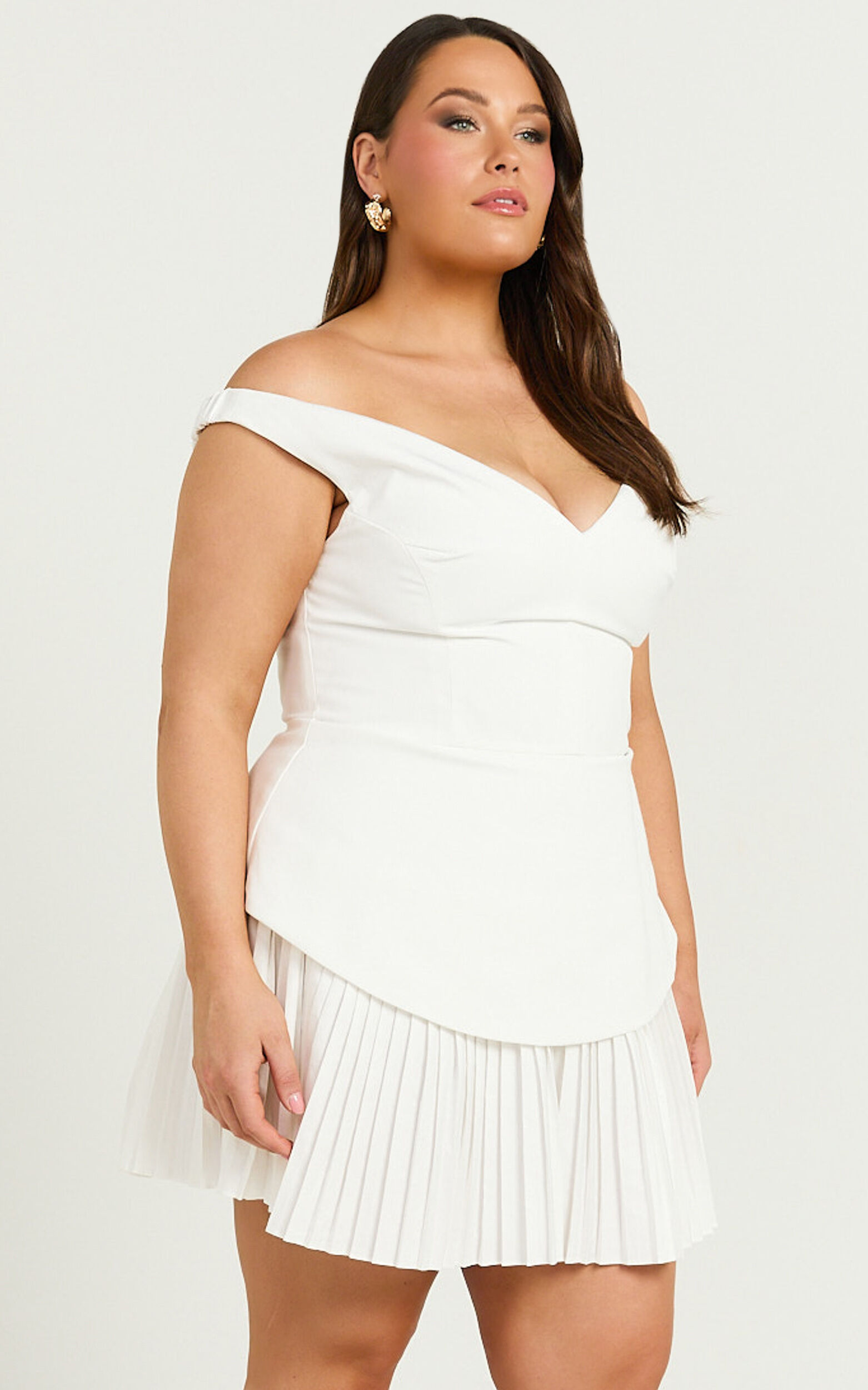 Izara Mini Dress - Off Shoulder Pleated Dress in Off White